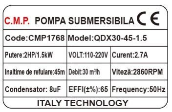 Pompă Submersibilă Campion CMP1768 1.5kW, Debit 30 mc/h - imagine 2