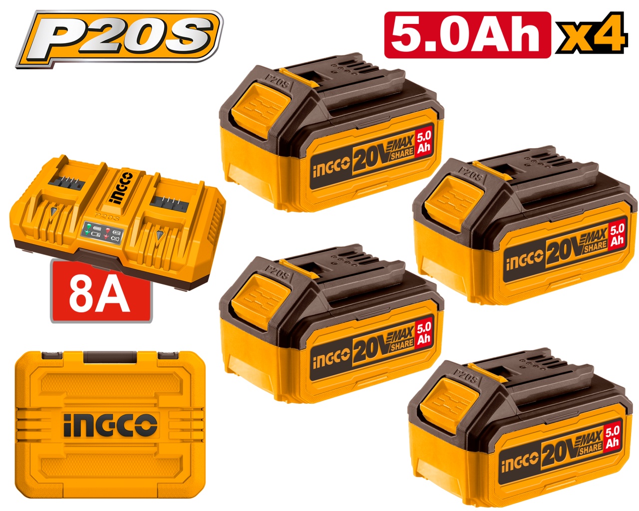 Set 4 Baterii Ingco 20V + Incarcator Dublu - imagine 2
