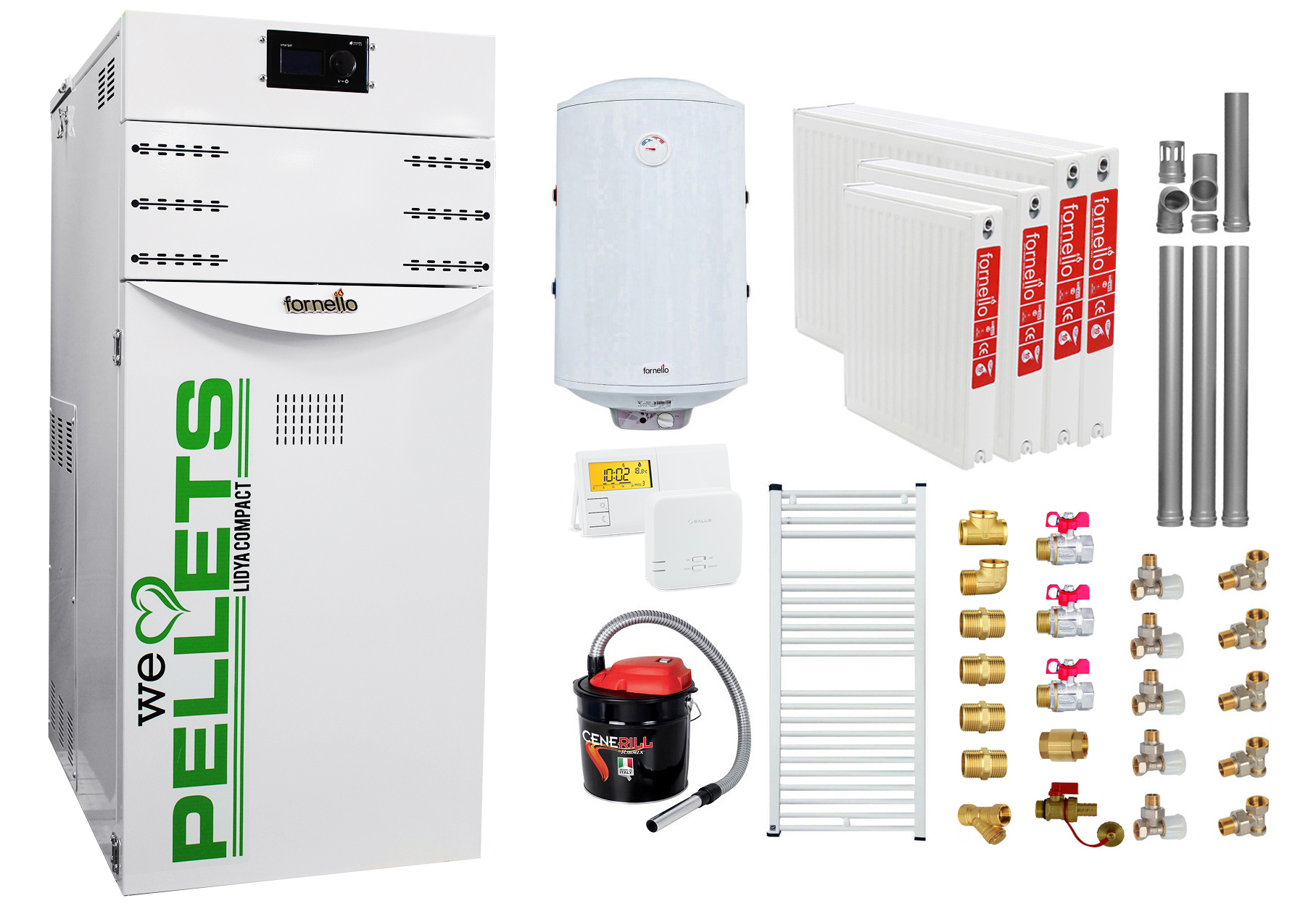 Centrală Peleti Fornello 25kW + Boiler + Radiatoare Complete