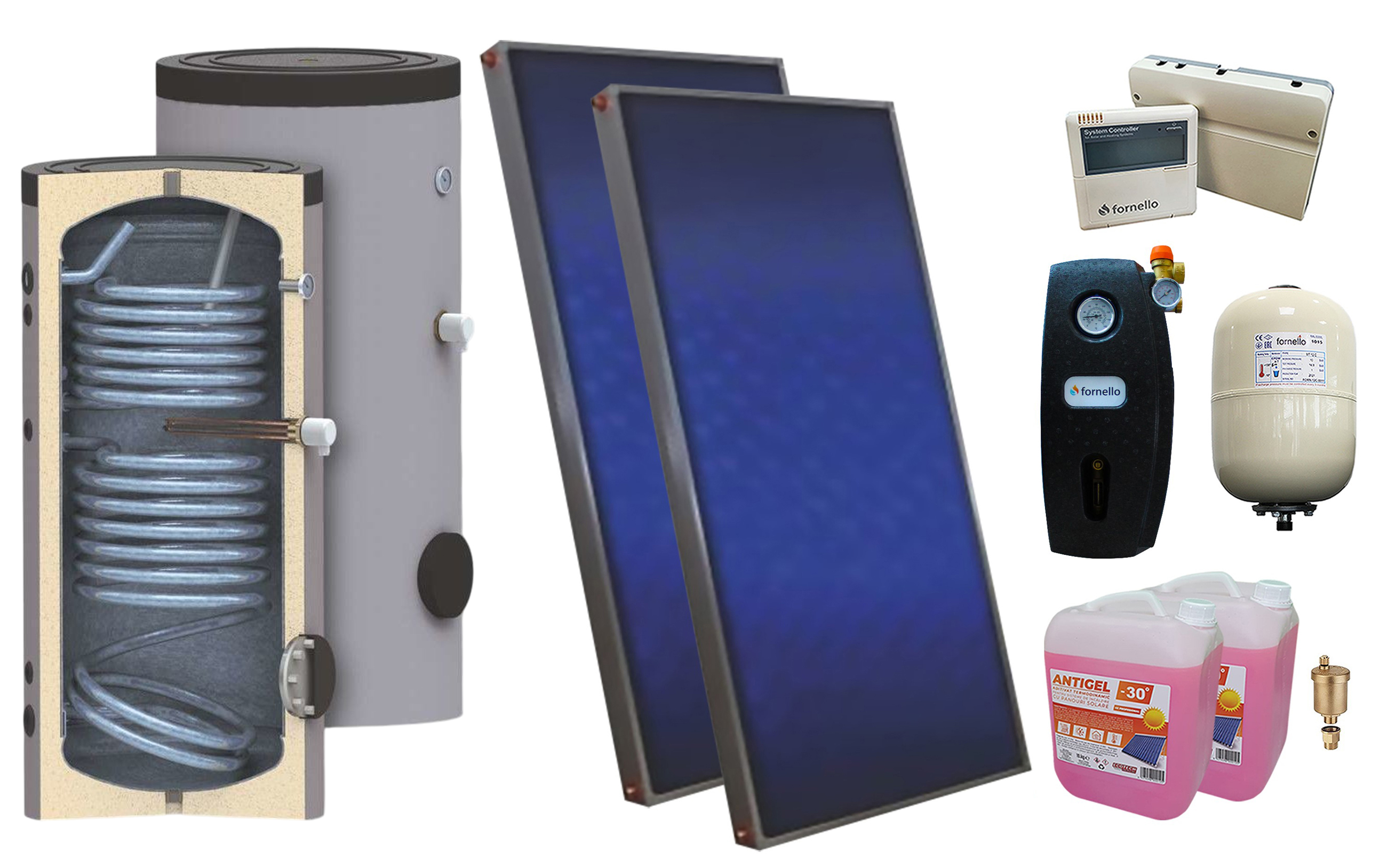 Pachet sistem solar presurizat, 2 x Panou Sunsystem PК SL FP 2.0, Boiler cu 2 serpentine SON 150 l, Controller, Vas expansiune, Grup pompare, Aerisitor, Antigel