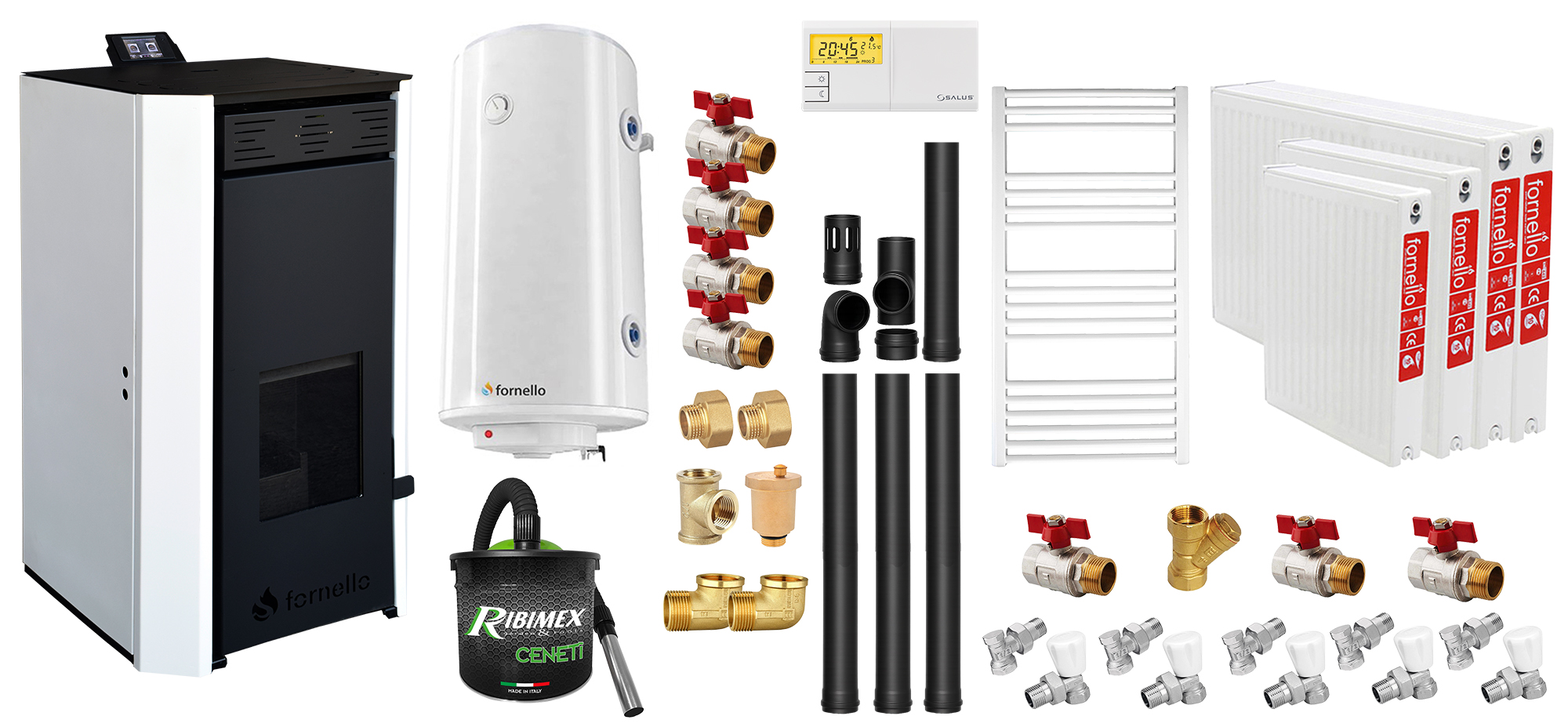 Pachet Termosemineu pe peleti Fornello EVA 30 KW, pompa circulatie, vas expansiune, WI-FI, buncar, tiraj fortat, kit evacuare 3.5 ml, termostat, aspirator, boiler 100L, Radiatoare otel si Fitinguri montaj