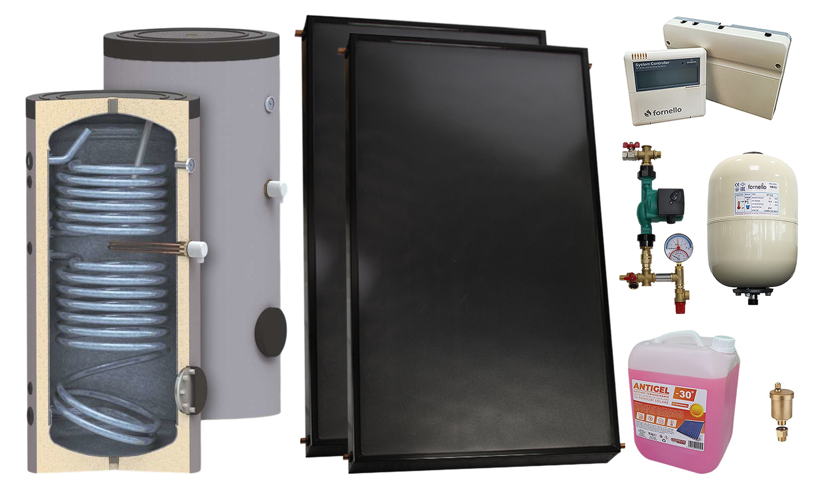 Pachet sistem solar presurizat, 2 x Panou solar plan Fornello 2.0 m² SPFP, Boiler cu 2 serpentine SON 150 l, grup pompare, controller, vas expansiune, antigel, aerisitor 1/2, supapa 1/2