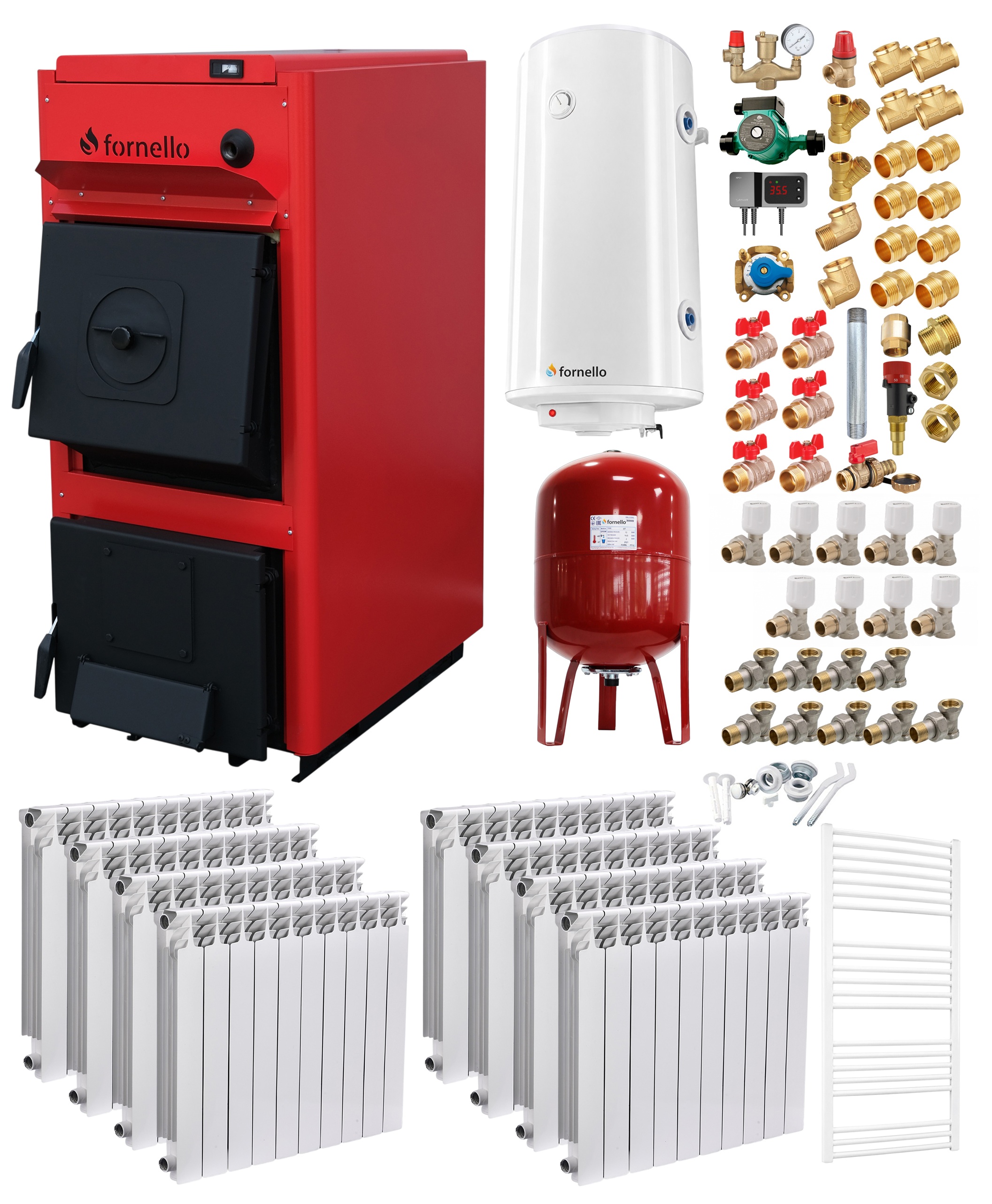 Pachet centrala pe combustibil solid Fornello T-PRO 40 kW, calorifere aluminiu, boiler, vas expansiune, fitinguri si accesorii de baza