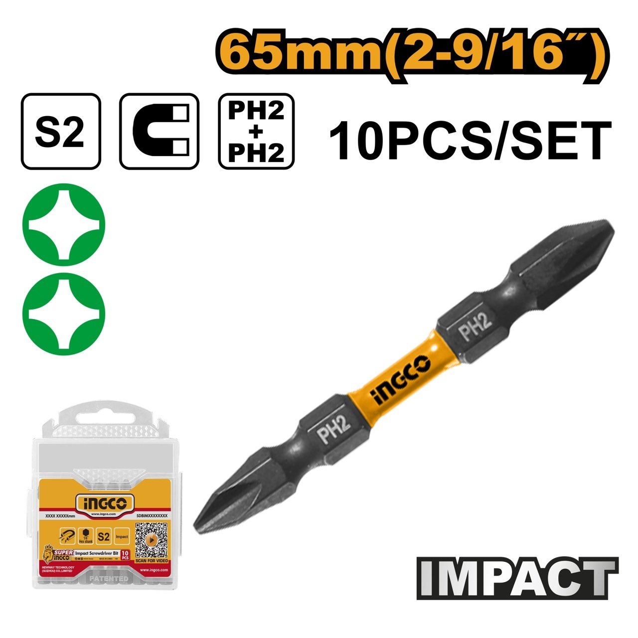 Biți Impact PH2 65mm Ingco Oțel S2 Magnetic, 10 bucăți