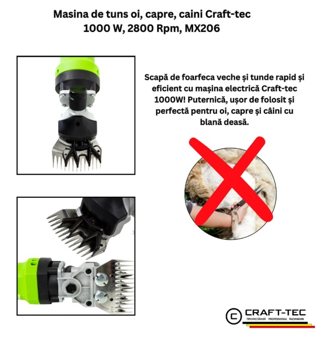 Masina de tuns oi 1000W, electrica, variator de turatie 6 trepte, 2800 rpm, valiza transport, CRAFT-TEC GERMANY MX206 - imagine 4
