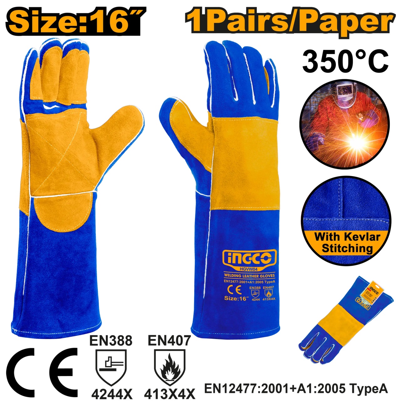 Manuși de sudură INGCO HGVW04, piele naturală, 350°C - imagine 2