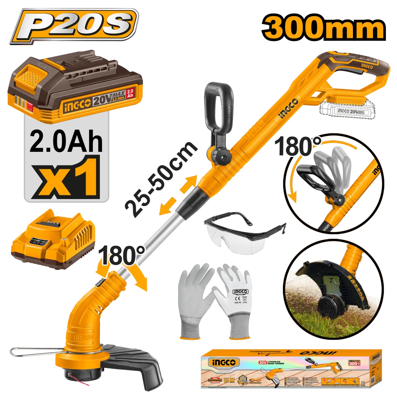Motocoasa Electrica 20V CGTLI20301E – 8200 rpm, Diametru Taiere 300mm, Fir 1.6mm, Functie Edging, Acumulator 2.0Ah + Incarcator + Kit Protectie - imagine 2