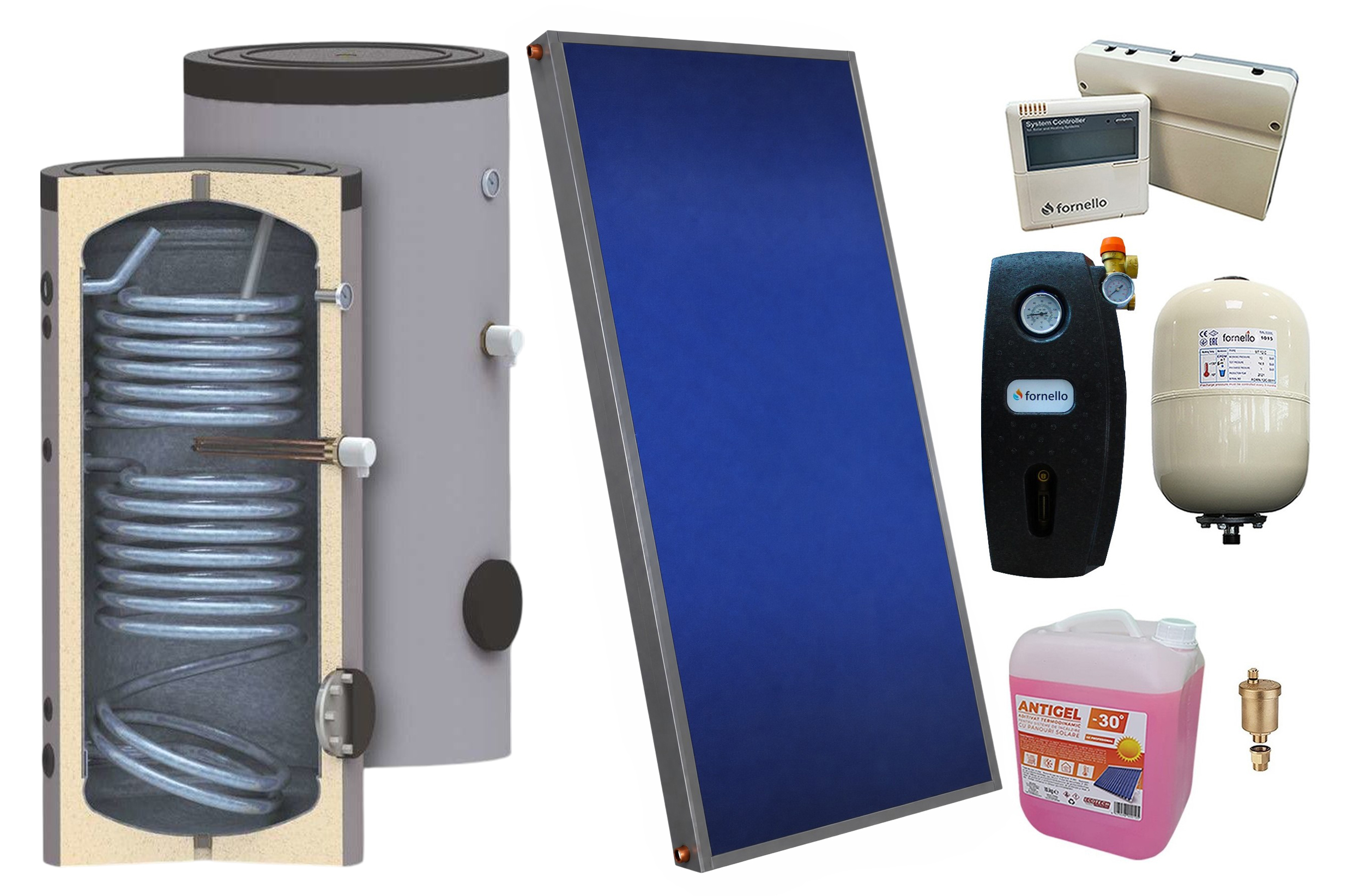Pachet sistem solar presurizat, Panou Sunsystem PК SL FP 2.0, Boiler cu 2 serpentine SON 150 l, Controller, Vas expansiune, Grup pompare, Aerisitor, Antigel