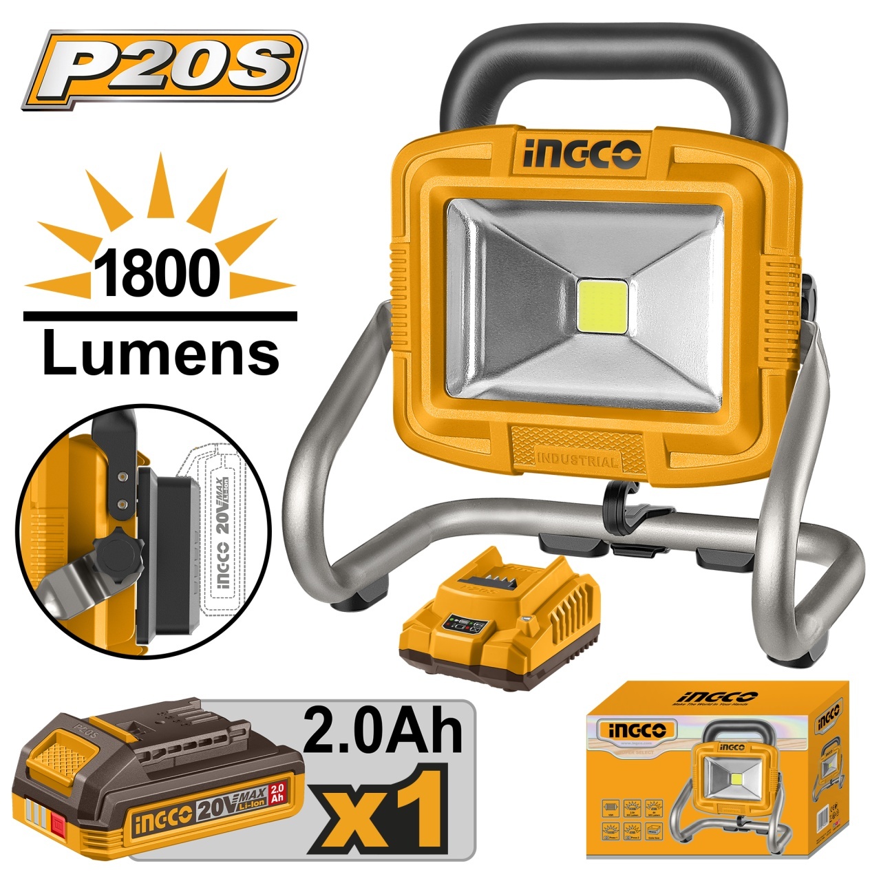 Proiector LED Ingco 20V 1800Lm cu Acumulator și Încărcător