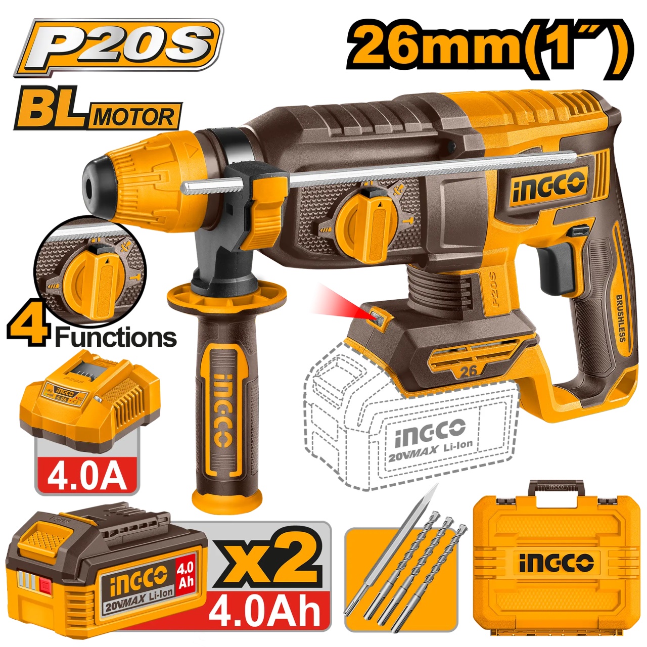Ciocan rotopercutor INGCO 20V Brushless, 2.5J, 2 acumulatori