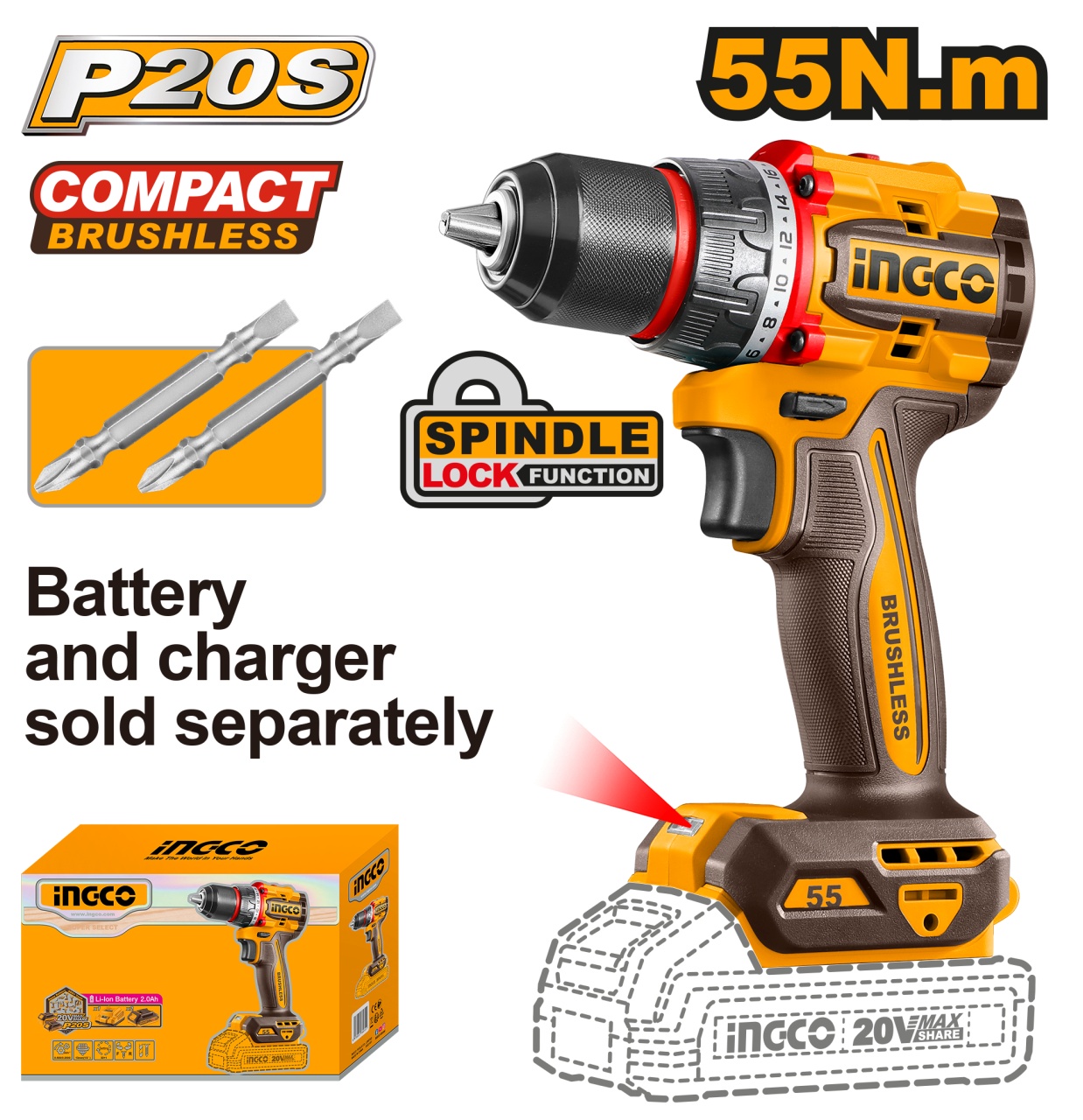 Bormașină Brushless 20V 55Nm CDLI205581, fără baterie