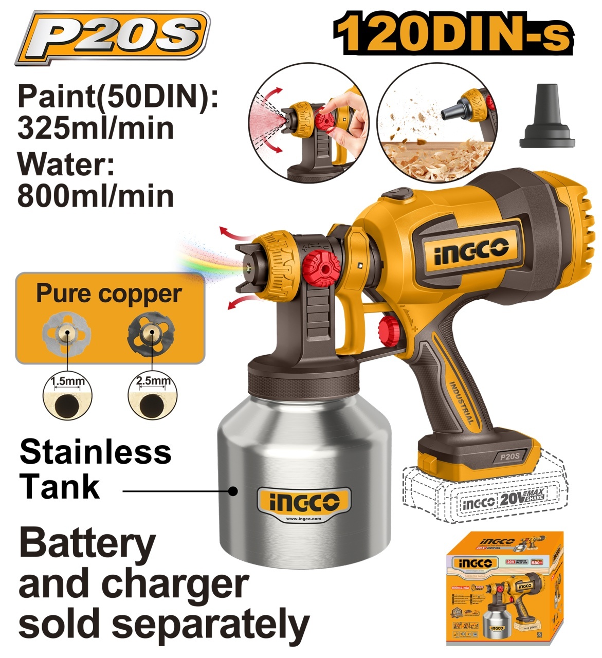 Pistol de Vopsit Electric 20V Ingco, Jet Reglabil, 800ml/min