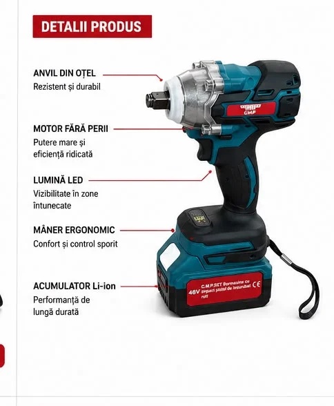 Cheie de impact 48V 450Nm Campion CMP1851, 2 acumulatori - imagine 3