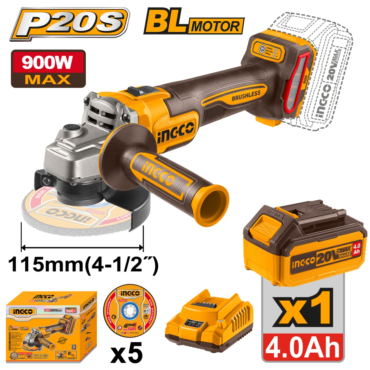 Flex Unghiular 20V 115mm Brushless INGCO, 900W + Acumulator