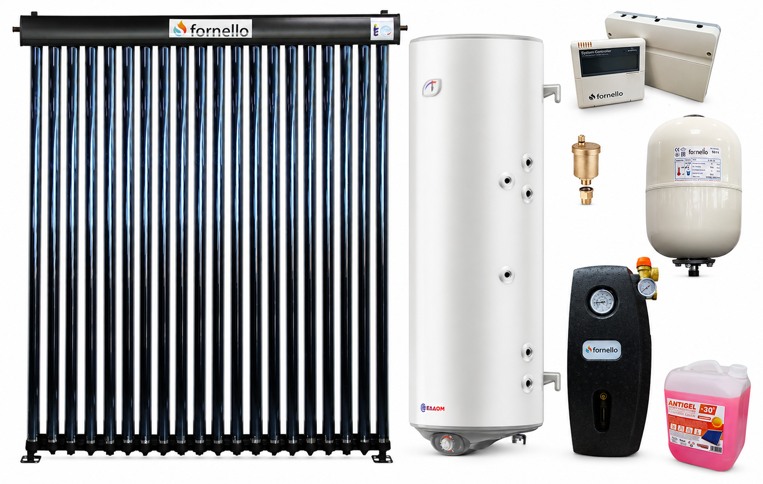 Pachet premium sistem solar presurizat, panou Fornello 20 Tuburi Heat Pipe, Boiler cu 2 serpentine Eldom GREEN LINE 150 litri, controller, vas expansiune, grup pompare, aerisitor, antigel