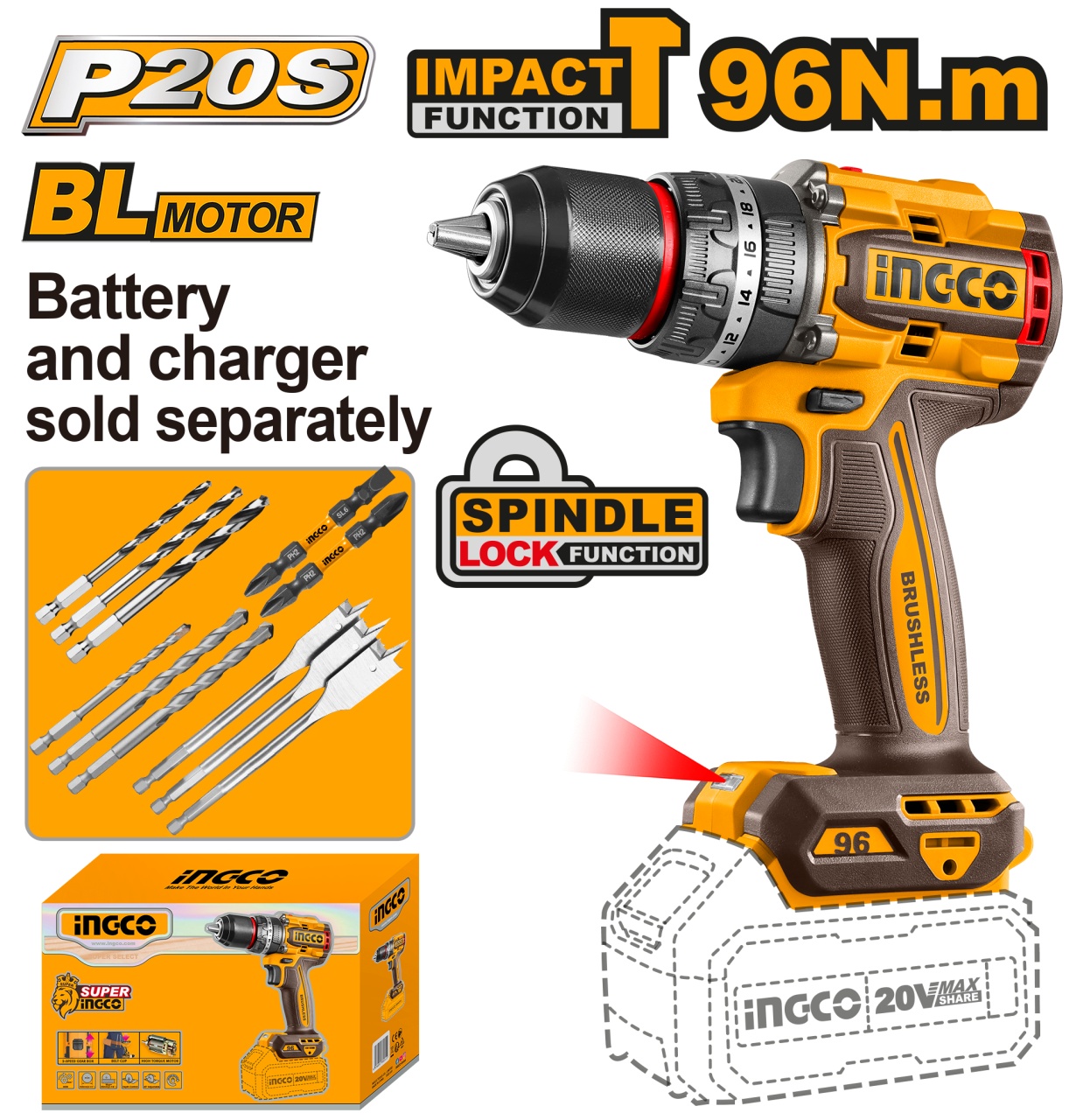 INGCO CIDLI209681 - Bormașină Impact 96Nm Brushless - imagine 2