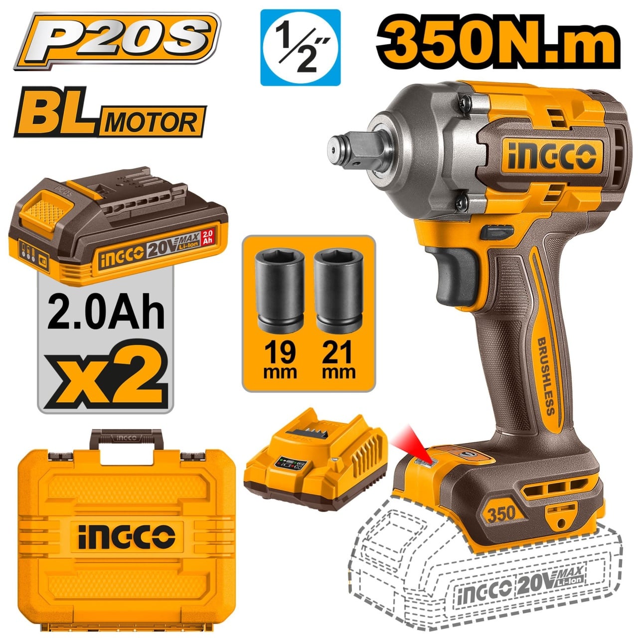 Filetantă Impact Ingco Brushless 350Nm + 2 Baterii - imagine 3