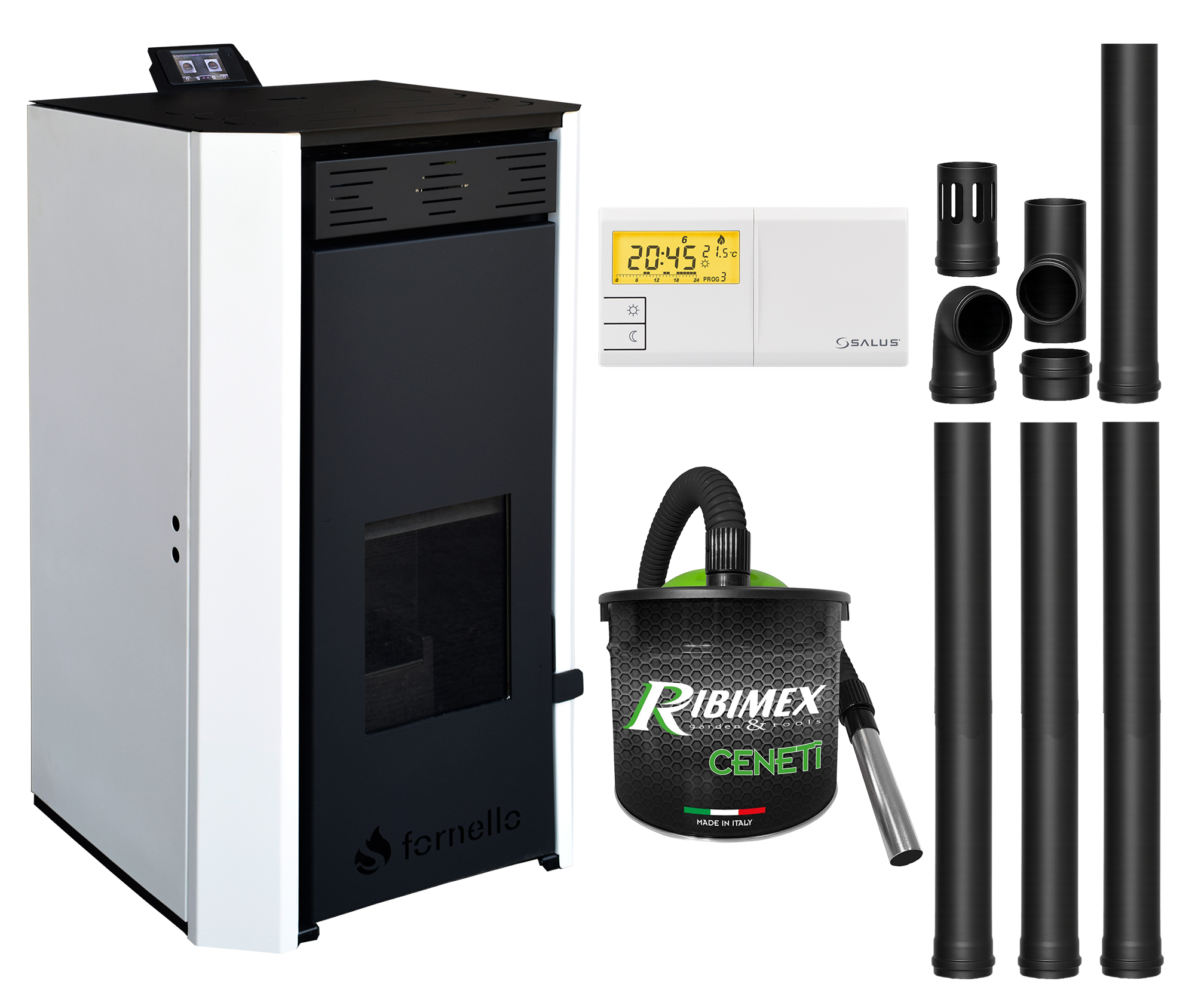 Pachet Termosemineu pe peleti Fornello EVA 30 KW, pompa circulatie, vas expansiune, Grup siguranta, WI-FI, buncar, tiraj fortat, kit evacuare, termostat Salus 091FLRFV2, aspirator, Clasa A++, recomandat pentru 200 mp, Alb