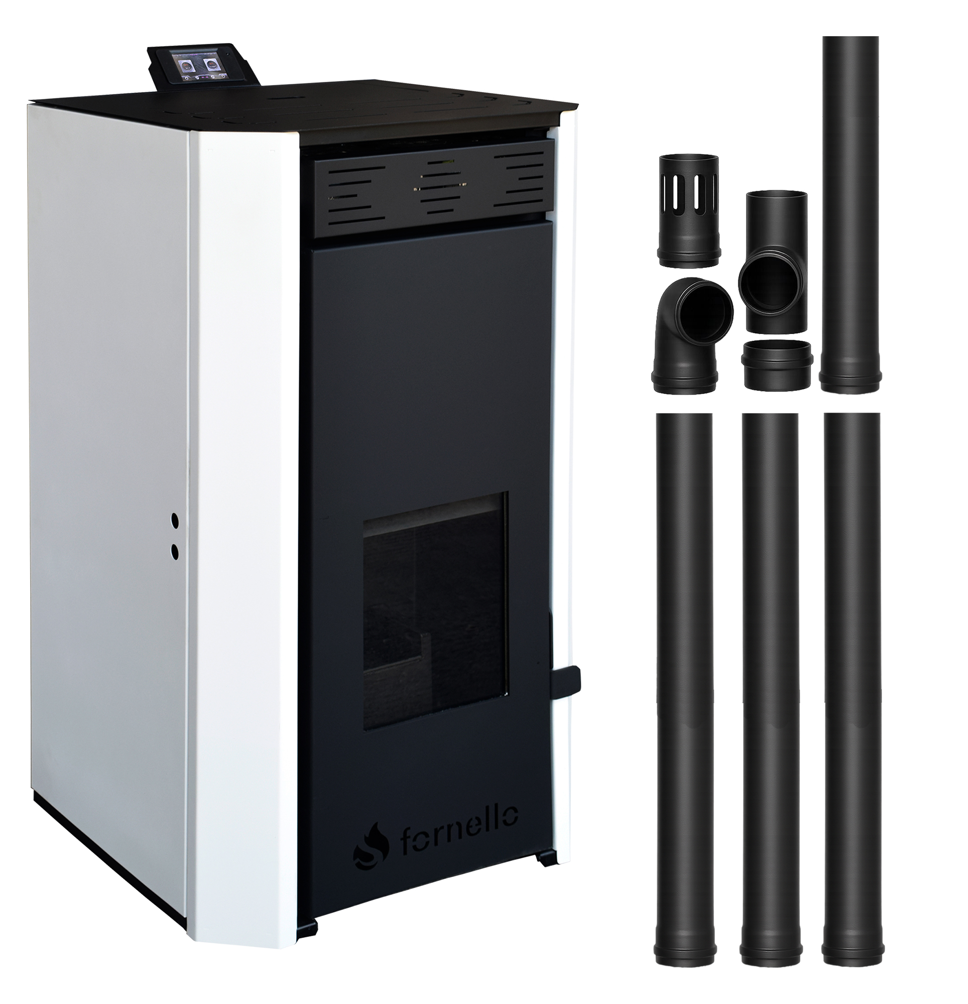 Pachet Termosemineu pe peleti Fornello EVA 30 KW, pompa circulatie, vas expansiune, Grup siguranta, WI-FI, buncar, tiraj fortat, kit evacuare 3.5 ml, Clasa A++, recomandat pentru 200 mp, Alb