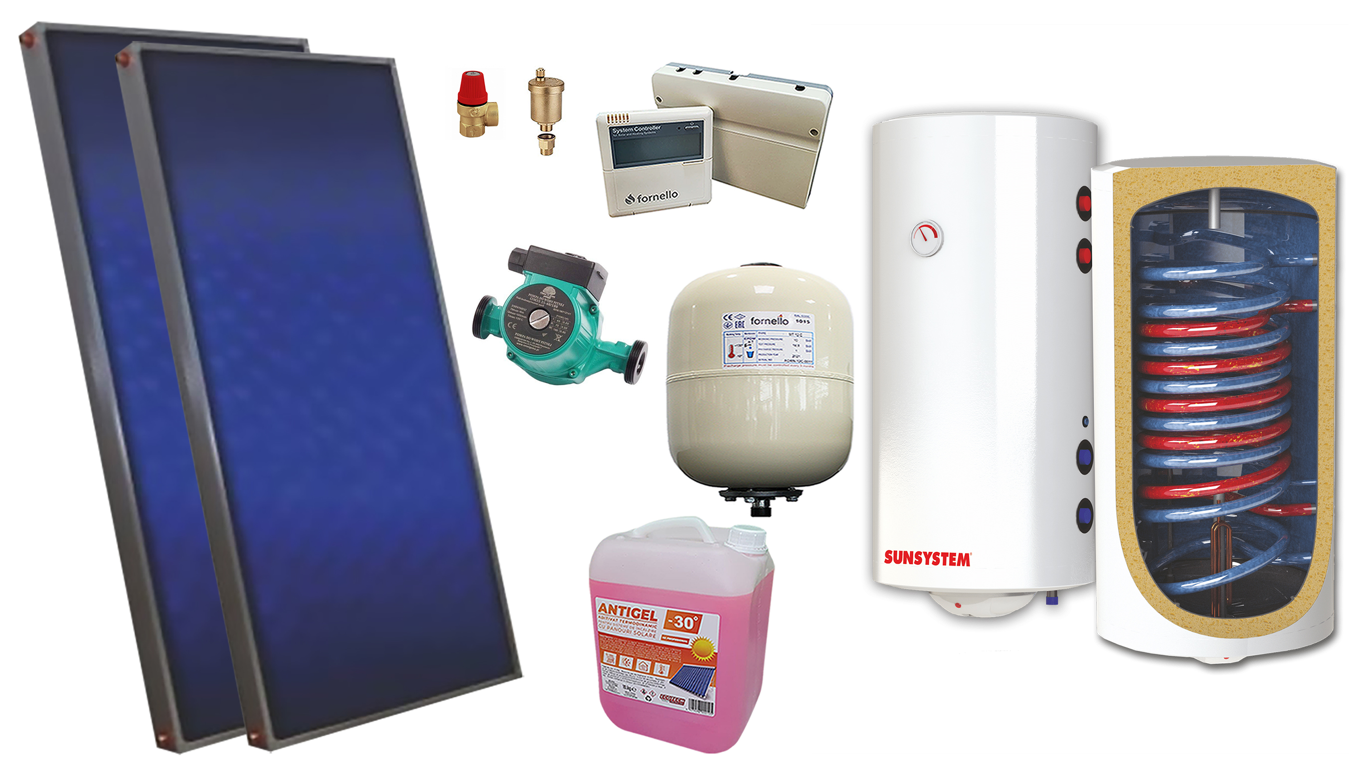 Kit Solar Complet Sunsystem 2 Panouri Plane + Boiler 150L