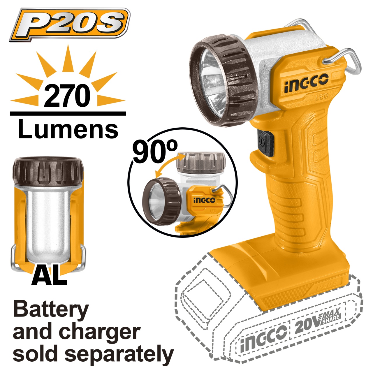 Lanterna LED 20V 270 Lumeni - fara acumulator Ingco CWLI2038