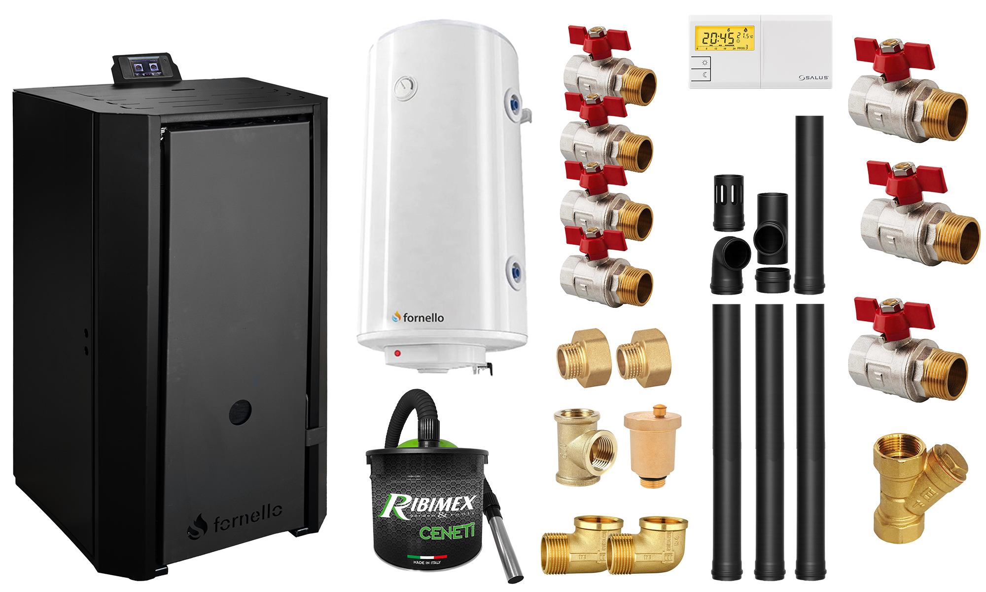 Pachet Centrala pe peleti Fornello EVA B Black 30 KW, pompa circulatie, vas expansiune, WI-FI, buncar, tiraj fortat, kit evacuare 3.5 ml, termostat, aspirator, boiler 100L si Fitinguri montaj centrala/boiler