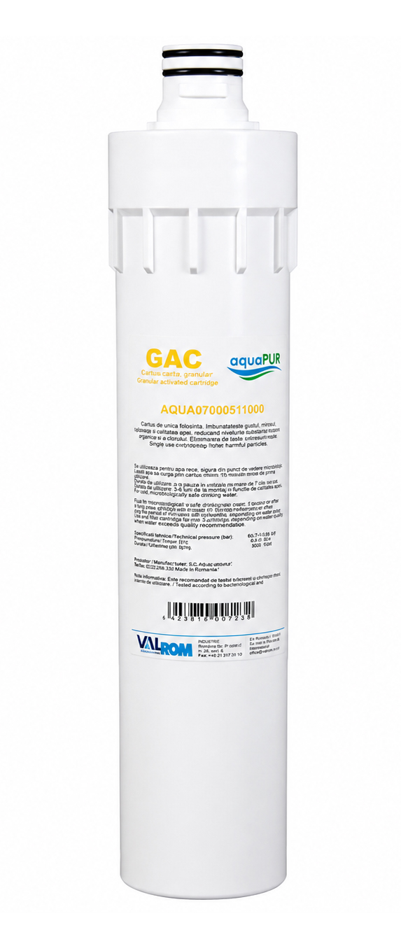 Cartus filtrant Aquapur, carbune activ granular, pentru sistem filtrare, retine clor, imbunatatirea gustului si mirosului, 0.13 l/min