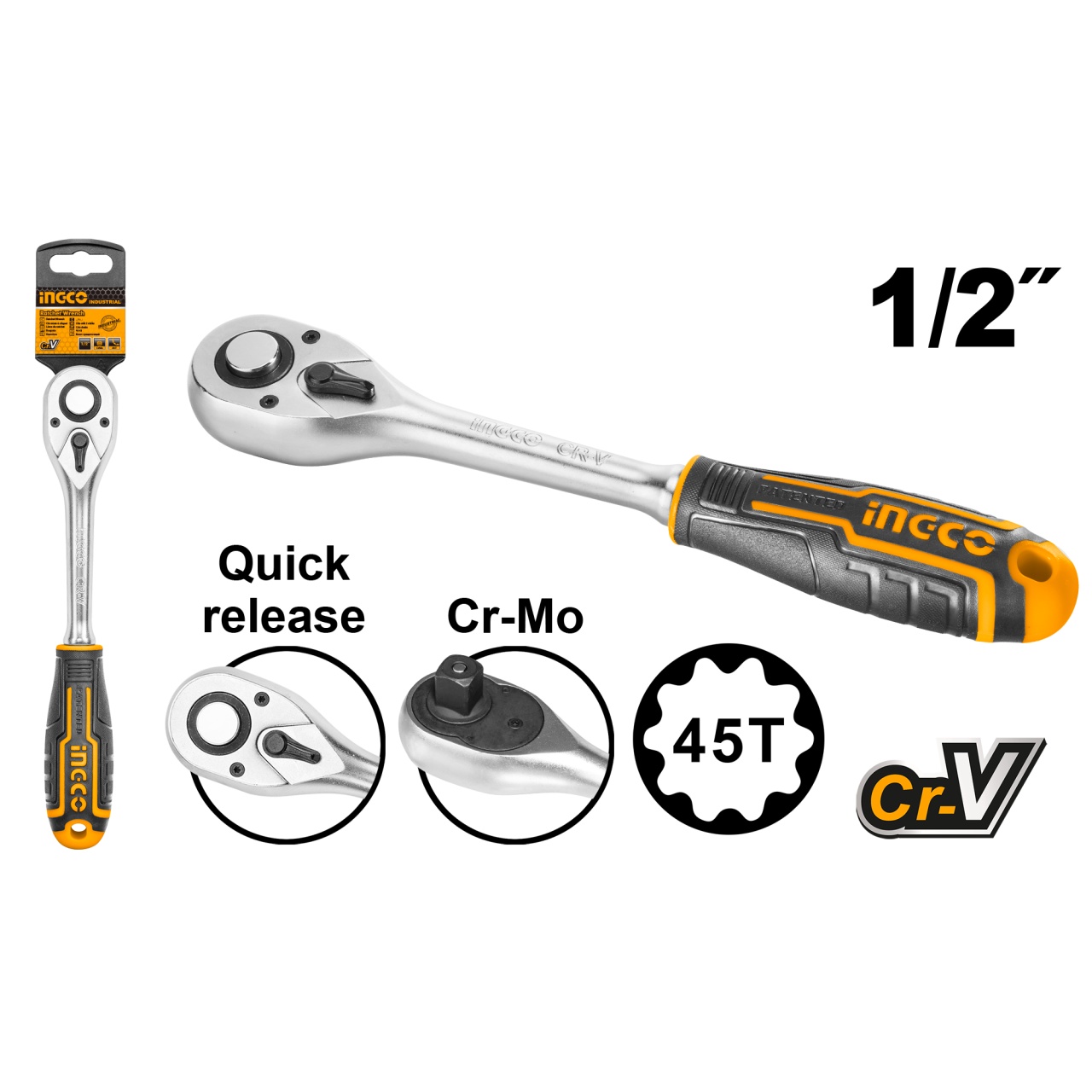 Cheie Clichet Industrială 1/2", Ingco HRTH0812, 45 Dinți - imagine 2