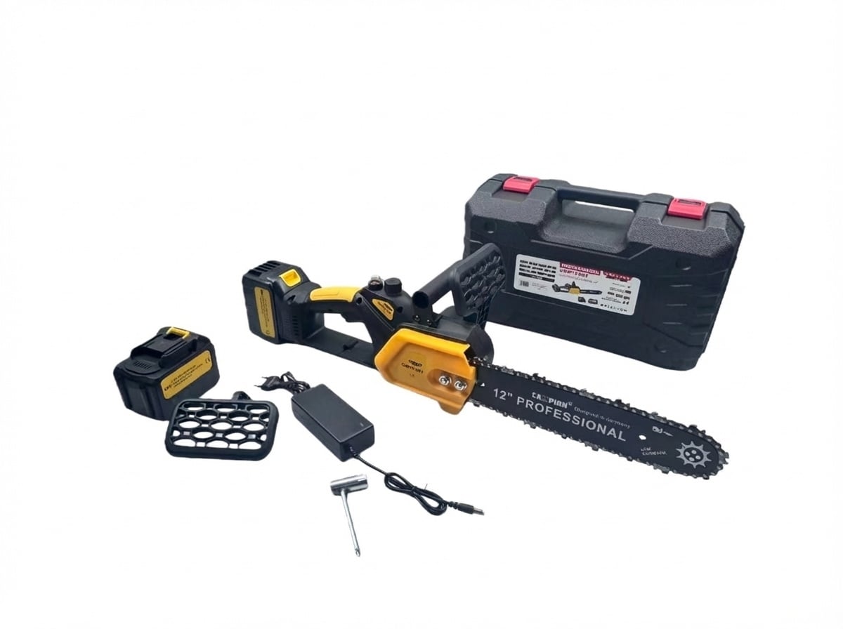 Mini Drujba electrica 4AH, 48V, 300mm, 2 acumulatori, brushless, ungere automata, 1800w, model YELLOW CAMPION Germany CMP1756Y