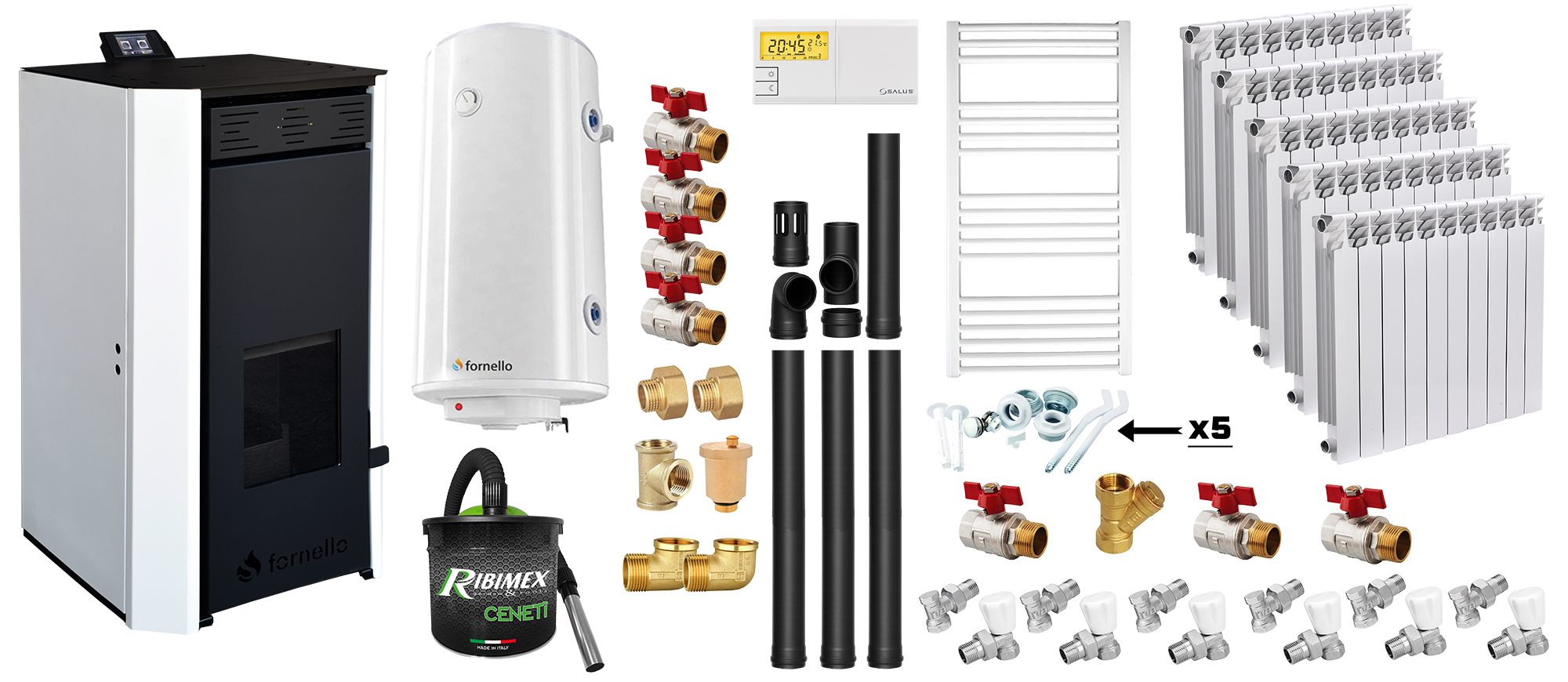 Pachet Termosemineu pe peleti Fornello EVA 30 KW, pompa circulatie, vas expansiune, WI-FI, buncar, tiraj fortat, kit evacuare 3.5 ml, termostat, aspirator, boiler 100L, Radiatoare Aluminiu si Fitinguri montaj