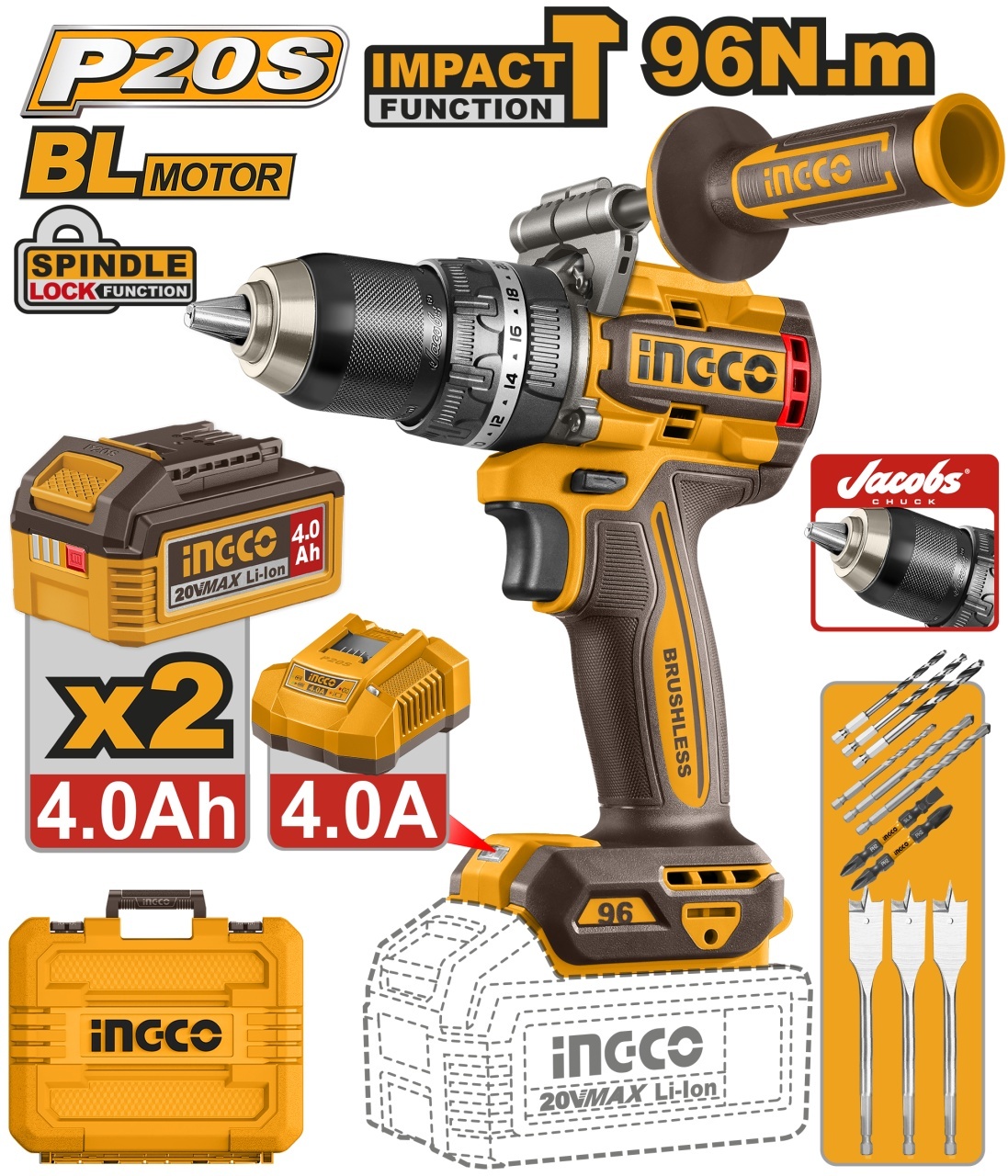 Mașină de Găurit și Înșurubat cu Impact 20V INGCO 96Nm