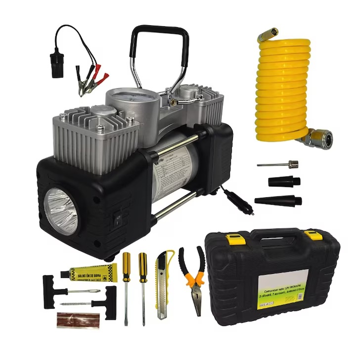 Compresor aer auto 12V PREMIUM 2 CILINDRI + ACCESORII , LANTERNA SI TRUSA , LIDER MX391