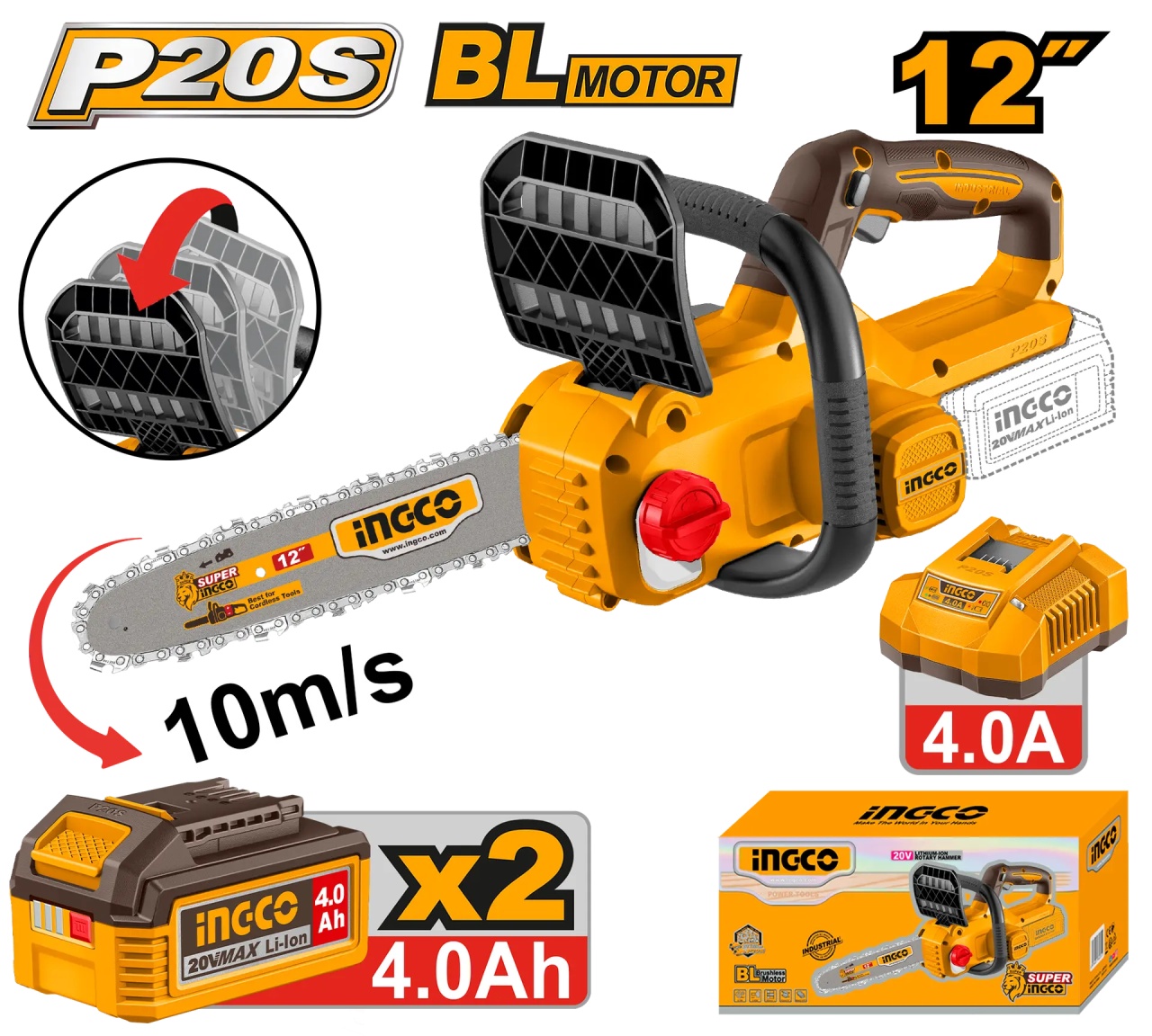 Motofierastrău pe acumulator INGCO 20V Brushless, lamă 30cm