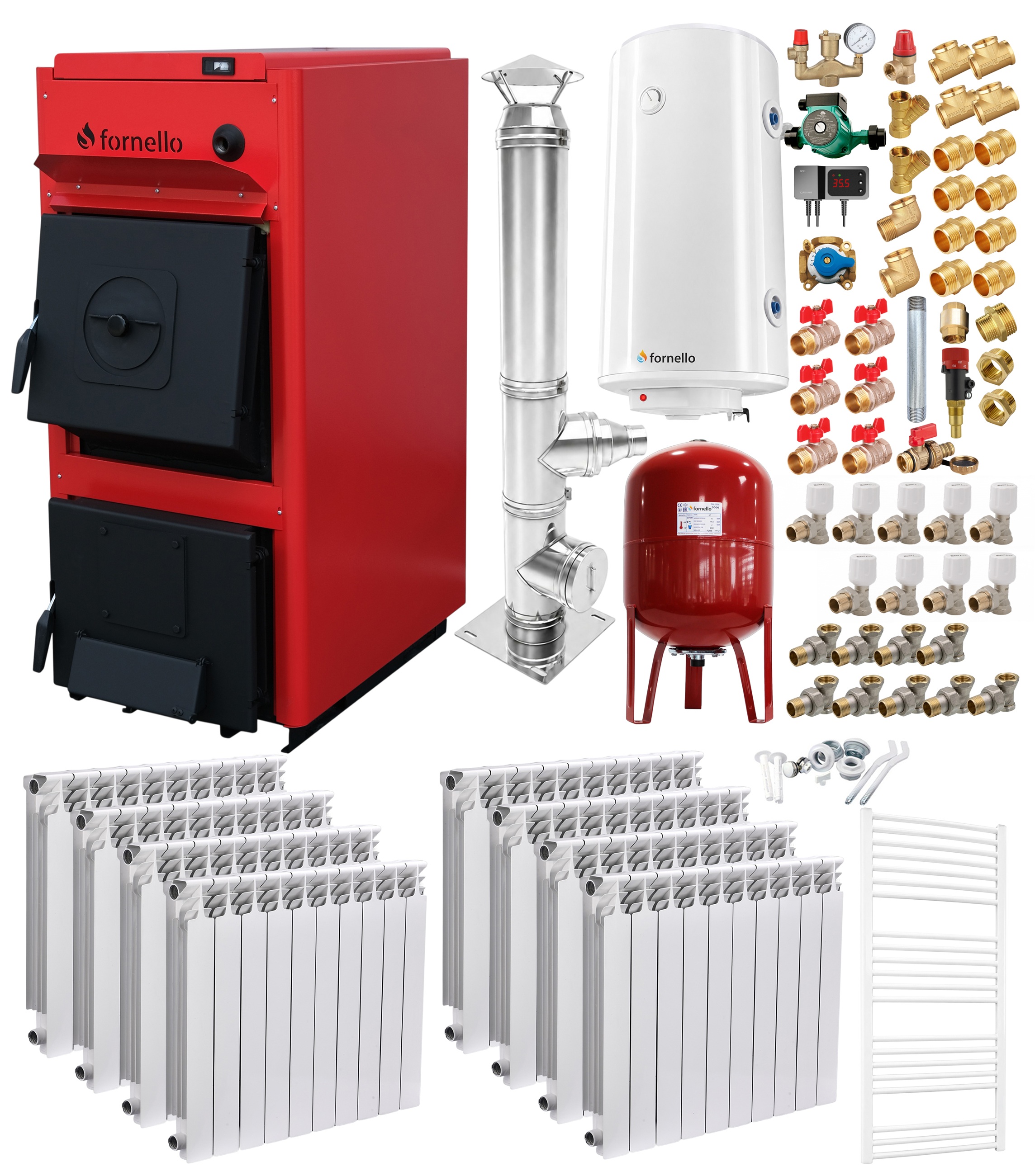 Pachet centrala pe combustibil solid Fornello T-PRO 40 kW, cos Inox, calorifere aluminiu, boiler, vas expansiune, fitinguri si accesorii de baza