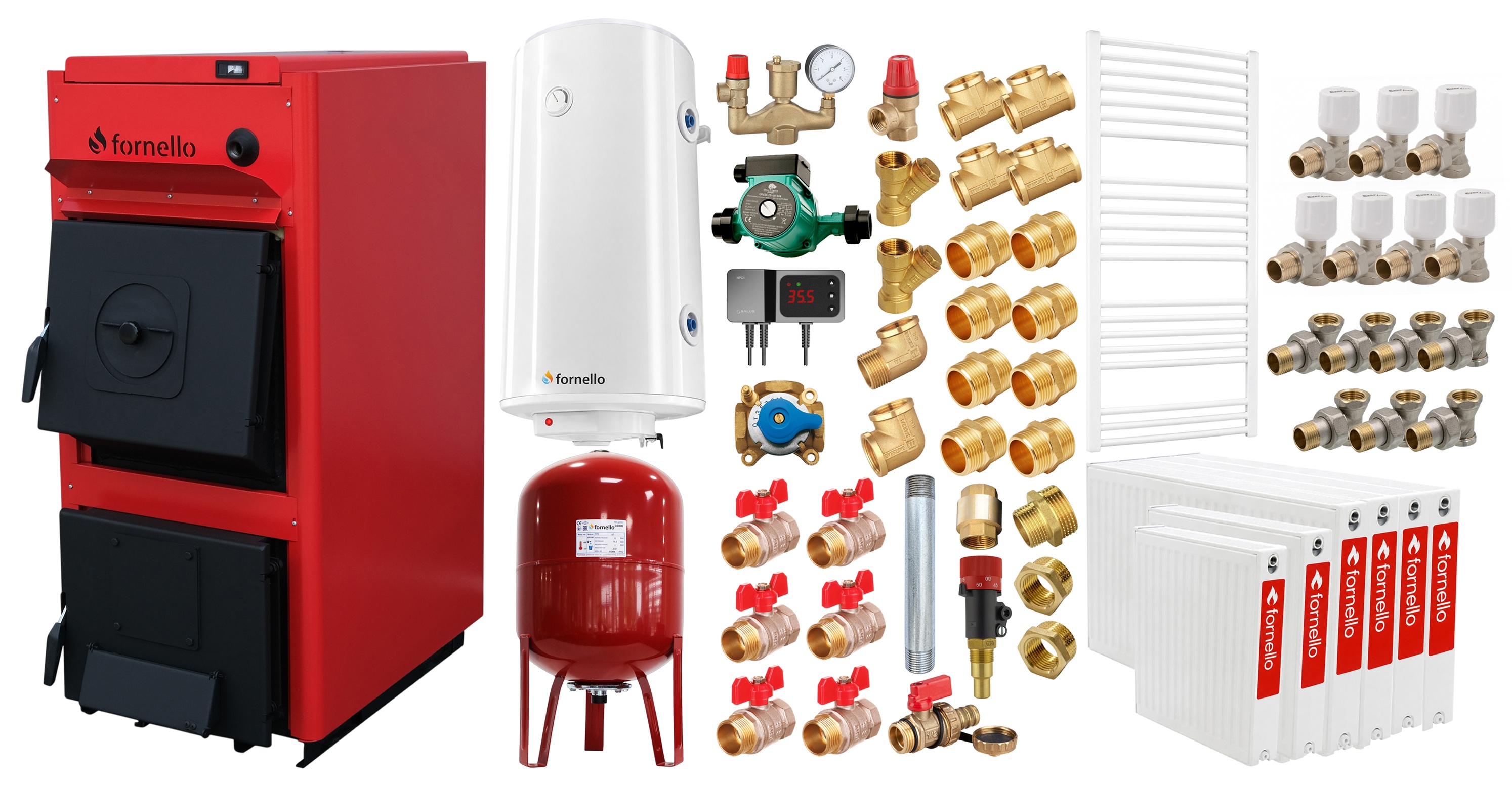 Pachet centrala pe combustibil solid Fornello T-PRO 40 kW, radiatoare otel, boiler, vas expansiune, fitinguri si accesorii de baza