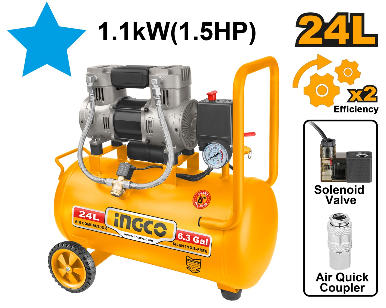 Compresor INGCO 24L Fără Ulei, Silentios - imagine 2