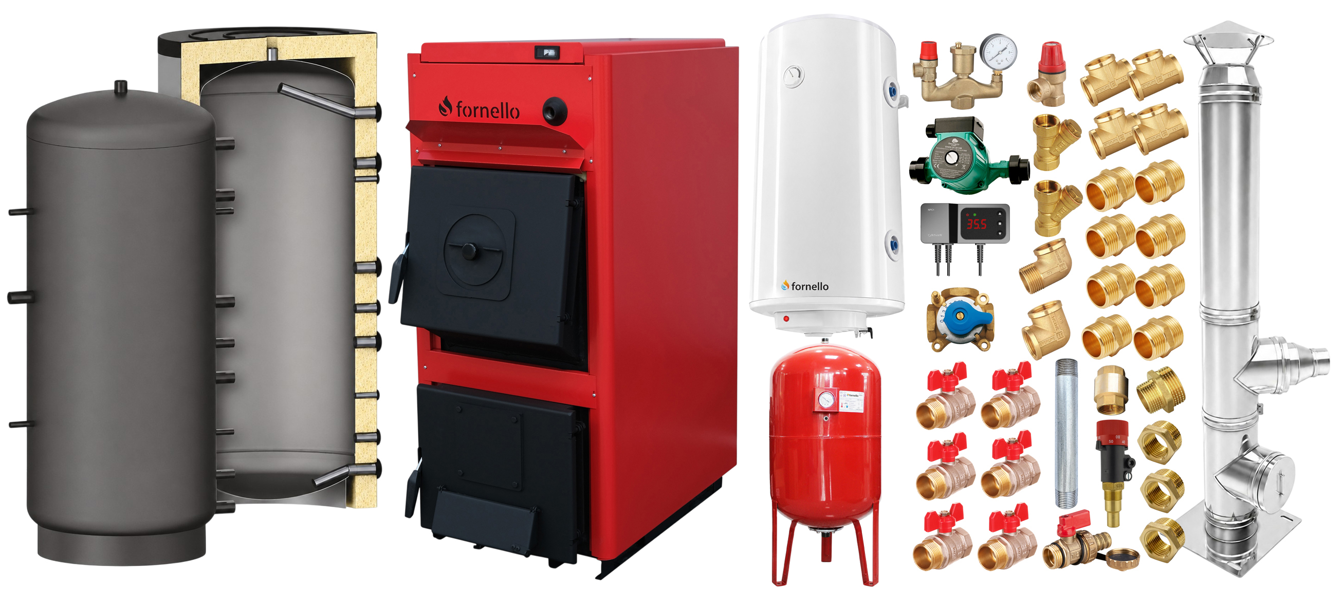 Pachet centrala pe combustibil solid Fornello T-PRO 35 kW, cos inox, puffer, boiler, vas expansiune, fitinguri si accesorii de baza