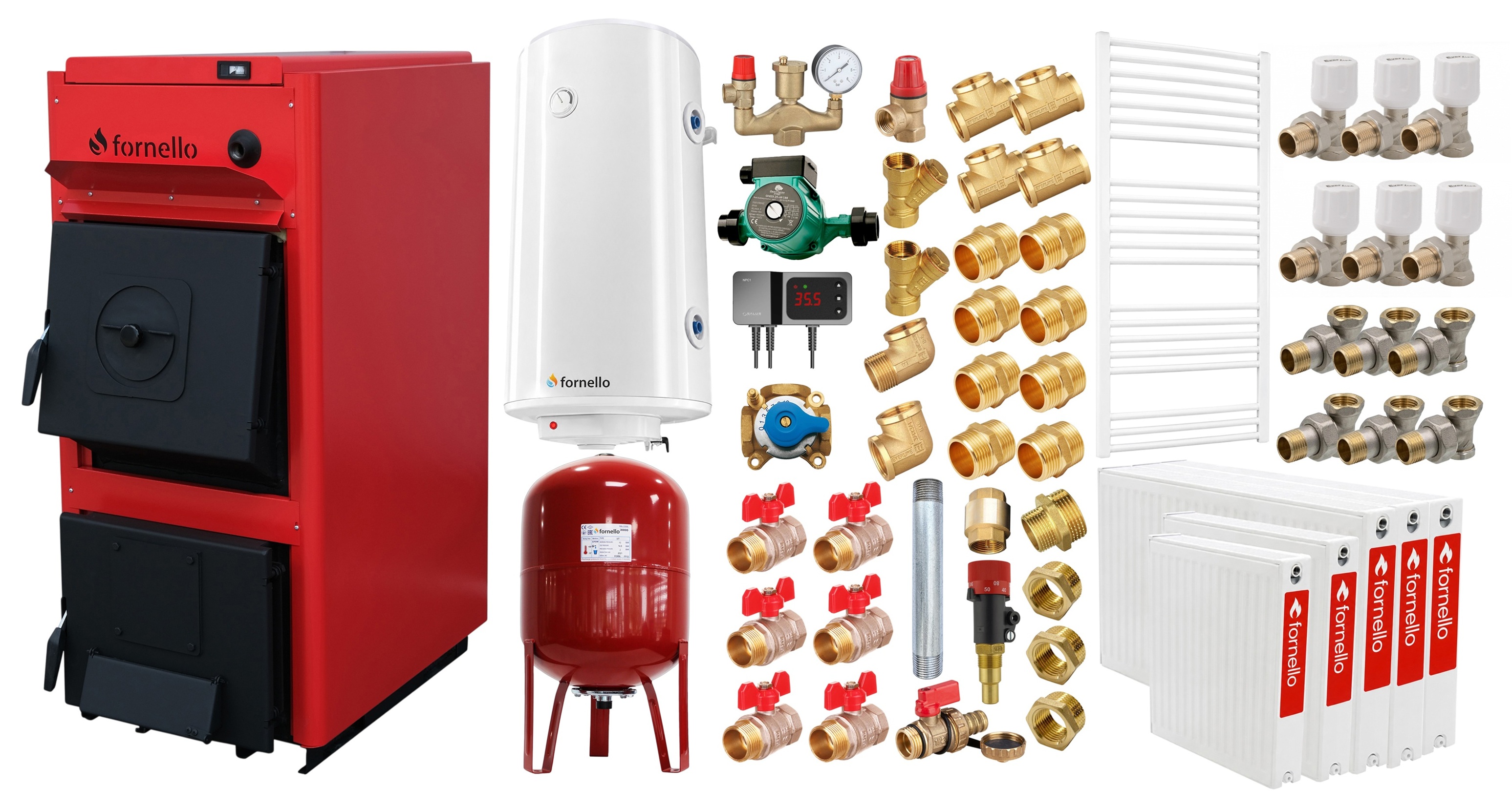 Pachet centrala pe combustibil solid Fornello T-PRO 25 kW, radiatoare otel, boiler, vas expansiune, fitinguri si accesorii de baza