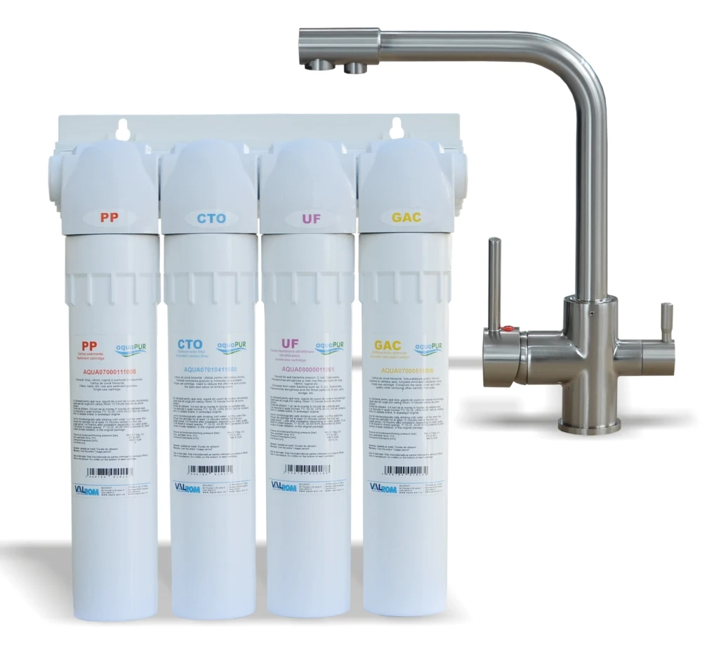 Filtru apa potabila, cu ultrafiltrare, PUR 4 UF AquaPur 11"", baterie cu 3 cai