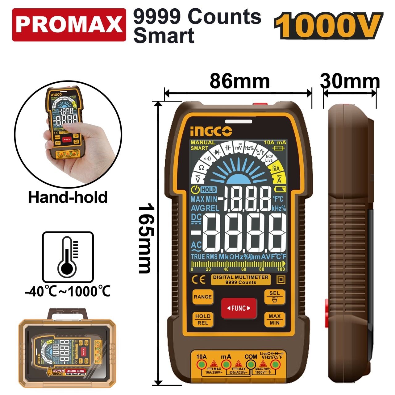 Multimetru Digital INGCO DM110004 TRMS 1000V, ecran color