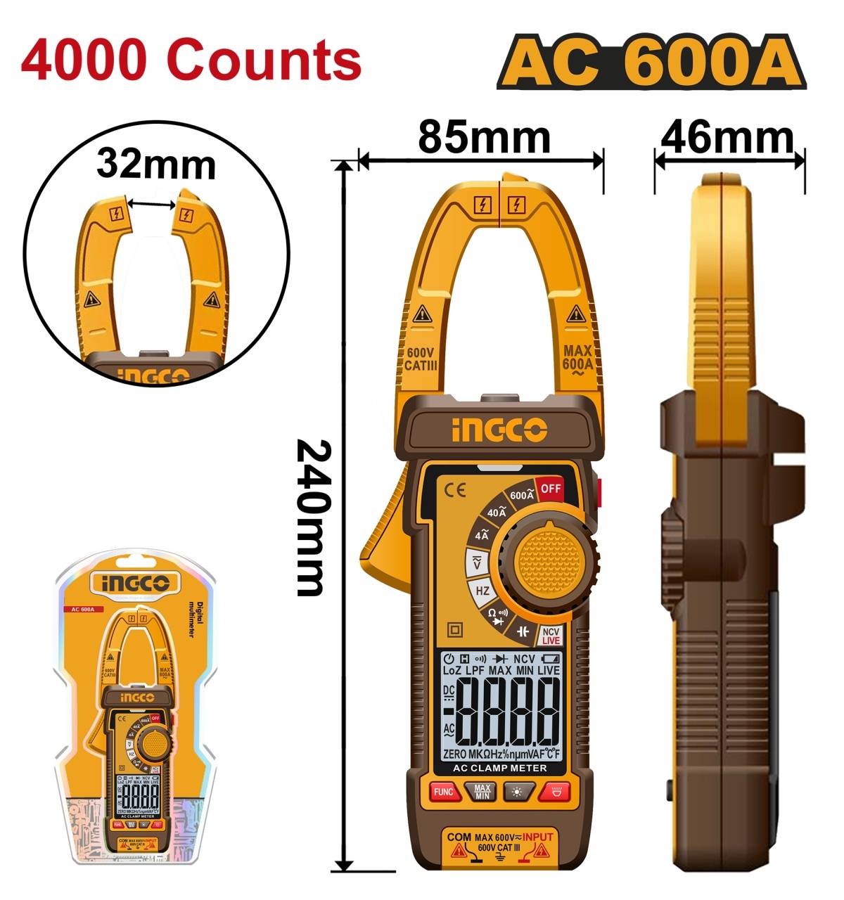 Clampmetru Digital AC 600A INGCO DCM66001 TRMS