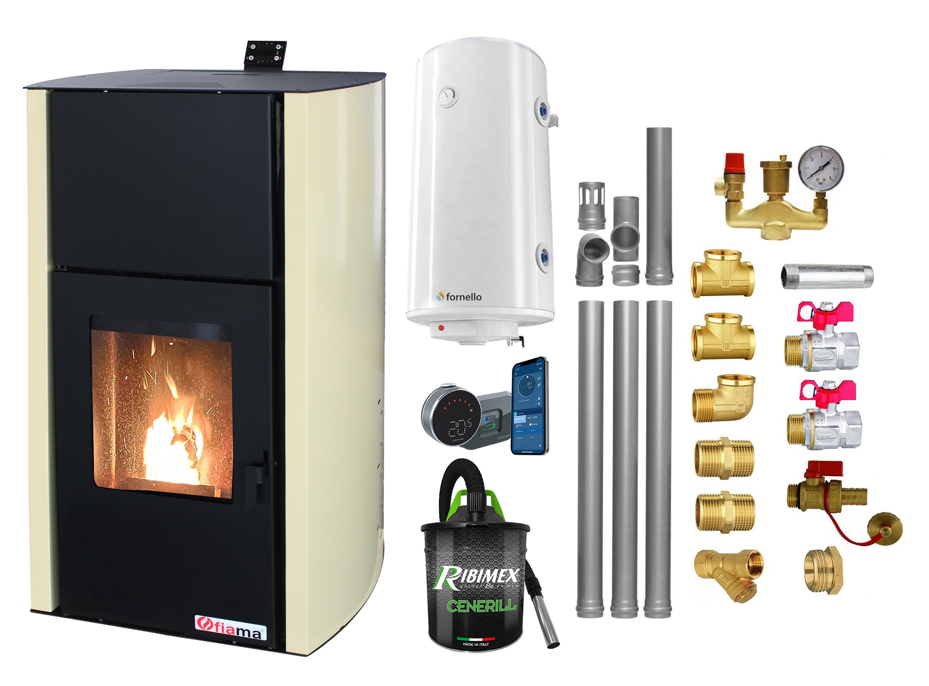Pachet Termosemineu Fornello Fiama Confort 30 kW, 200 mp