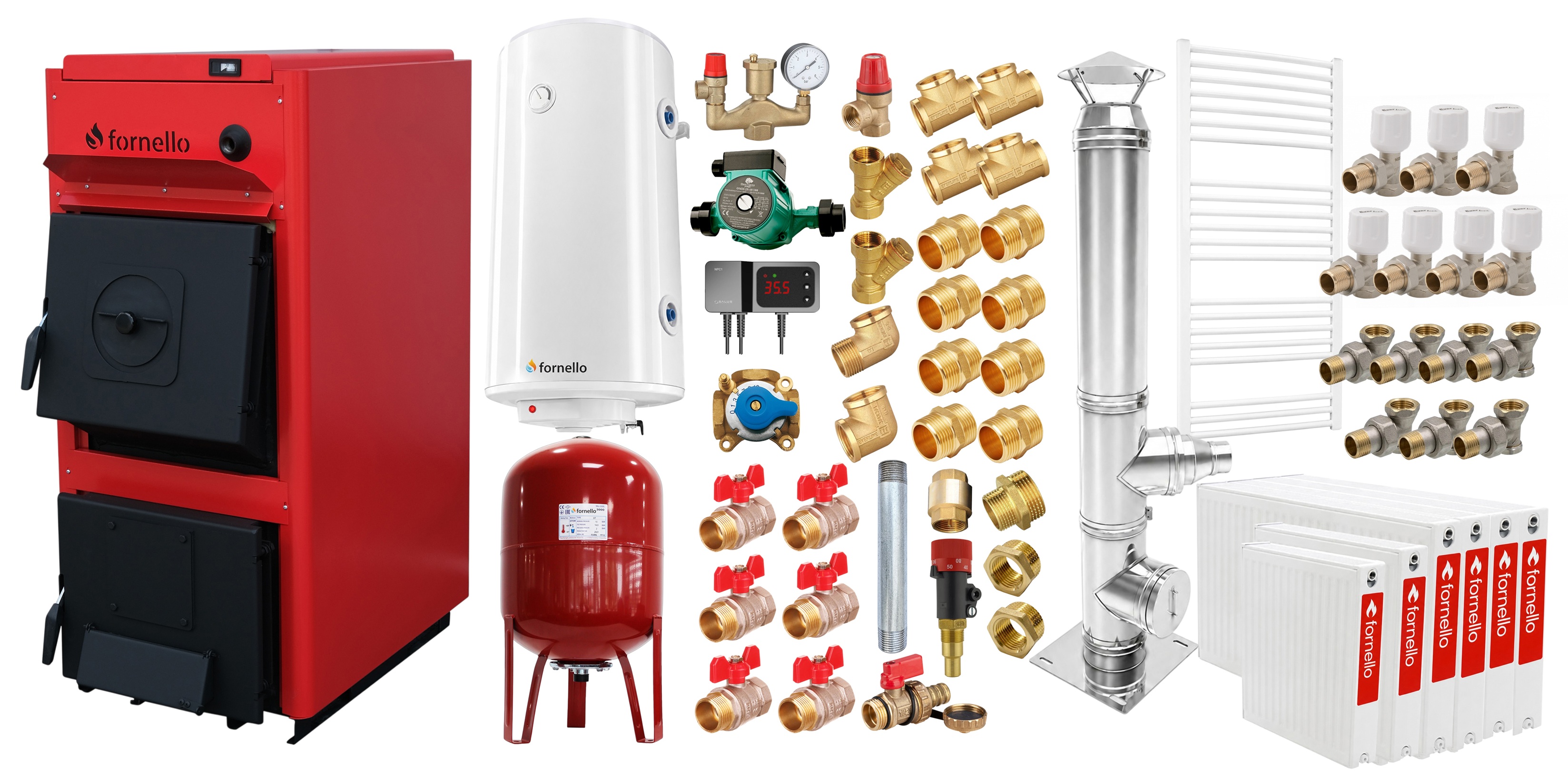 Pachet centrala pe combustibil solid Fornello T-PRO 40 kW, cos inox, radiatoare otel, boiler, vas expansiune, fitinguri si accesorii de baza