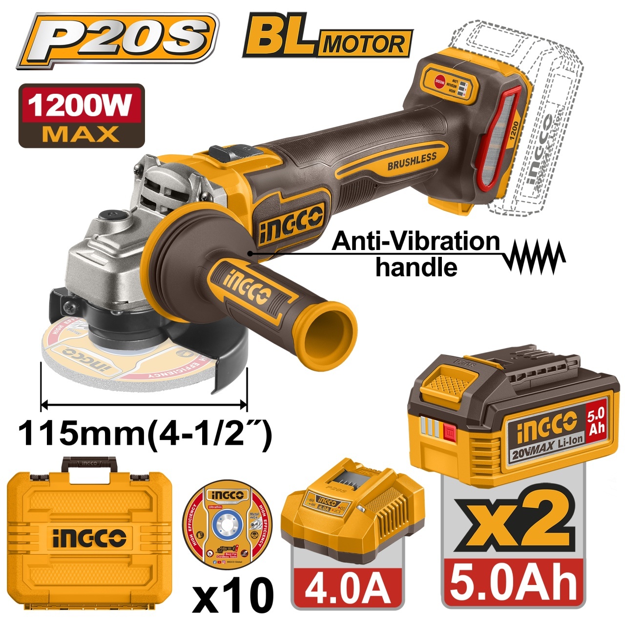 Flex Unghiular INGCO 20V 1200W Brushless, 2x5Ah