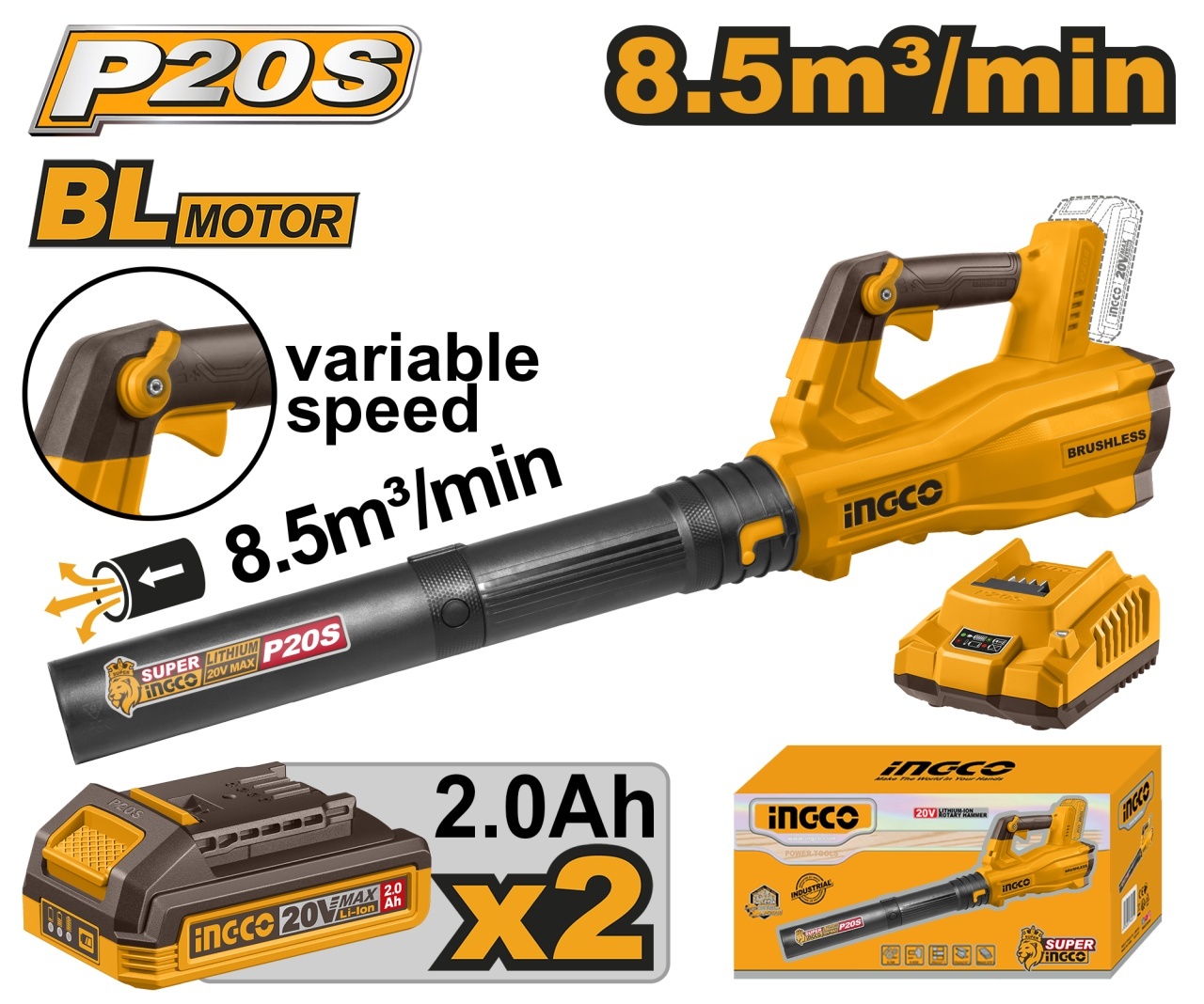 Suflantă de Frunze Ingco 20V Brushless, 2 Acumulatori