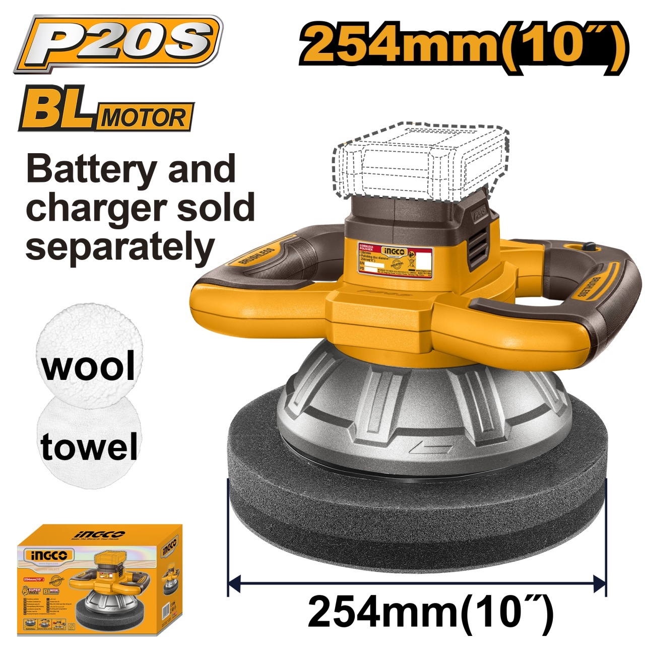 Aparat Polish 20V Brushless 254mm Ingco, Finisaj Uniform