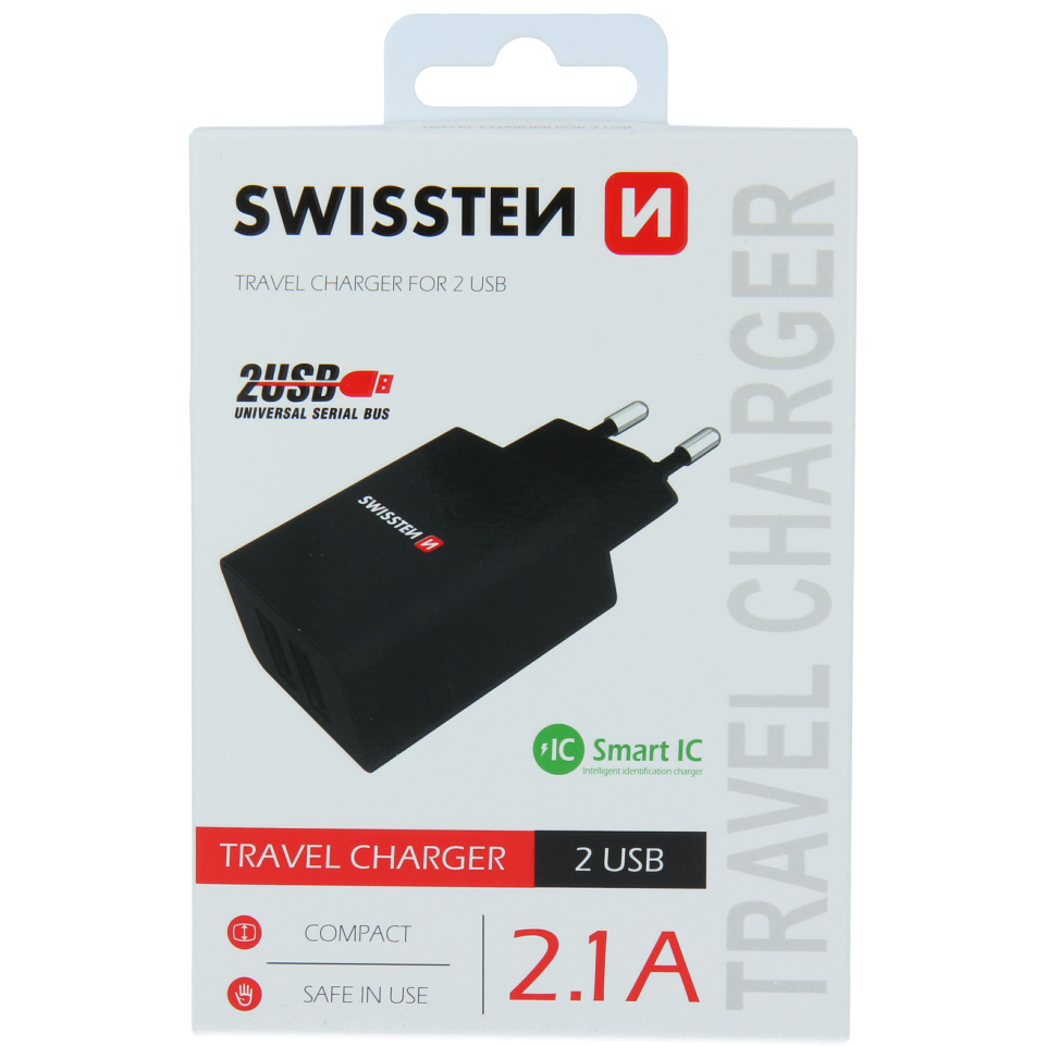 Adaptor USB Swissten 2x Porturi 10W SMART IC Negru