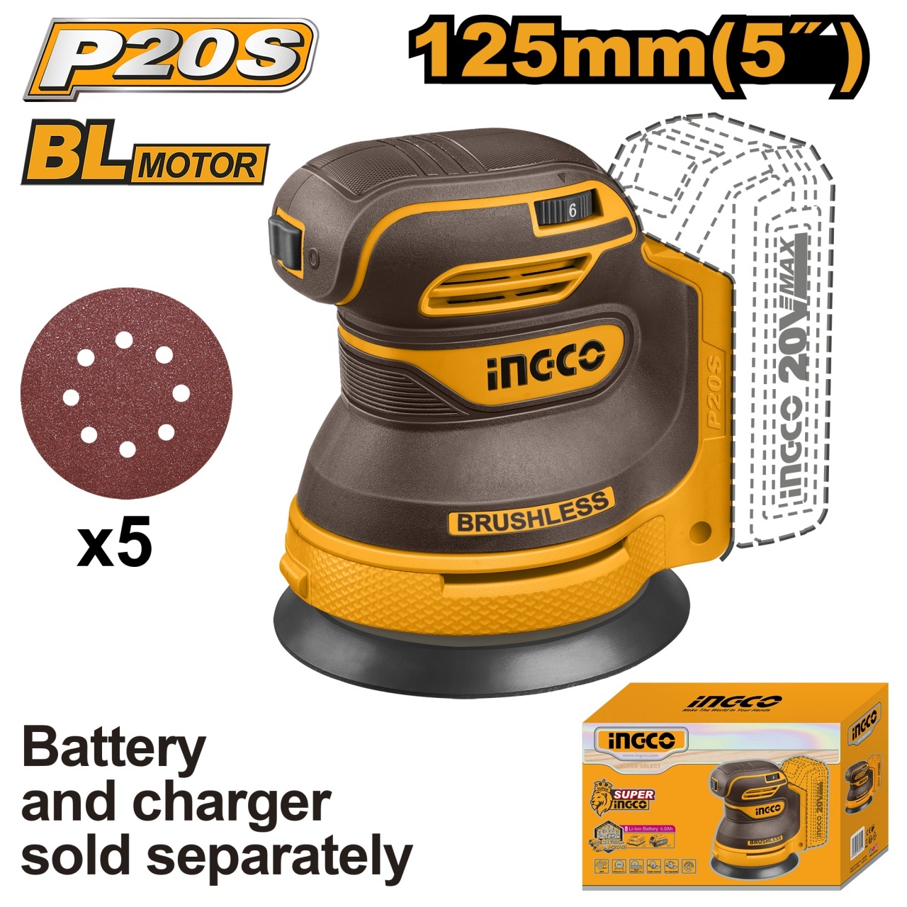 Slefuitor Orbital 20V 125mm Ingco CROSLI2002, 13000 rpm