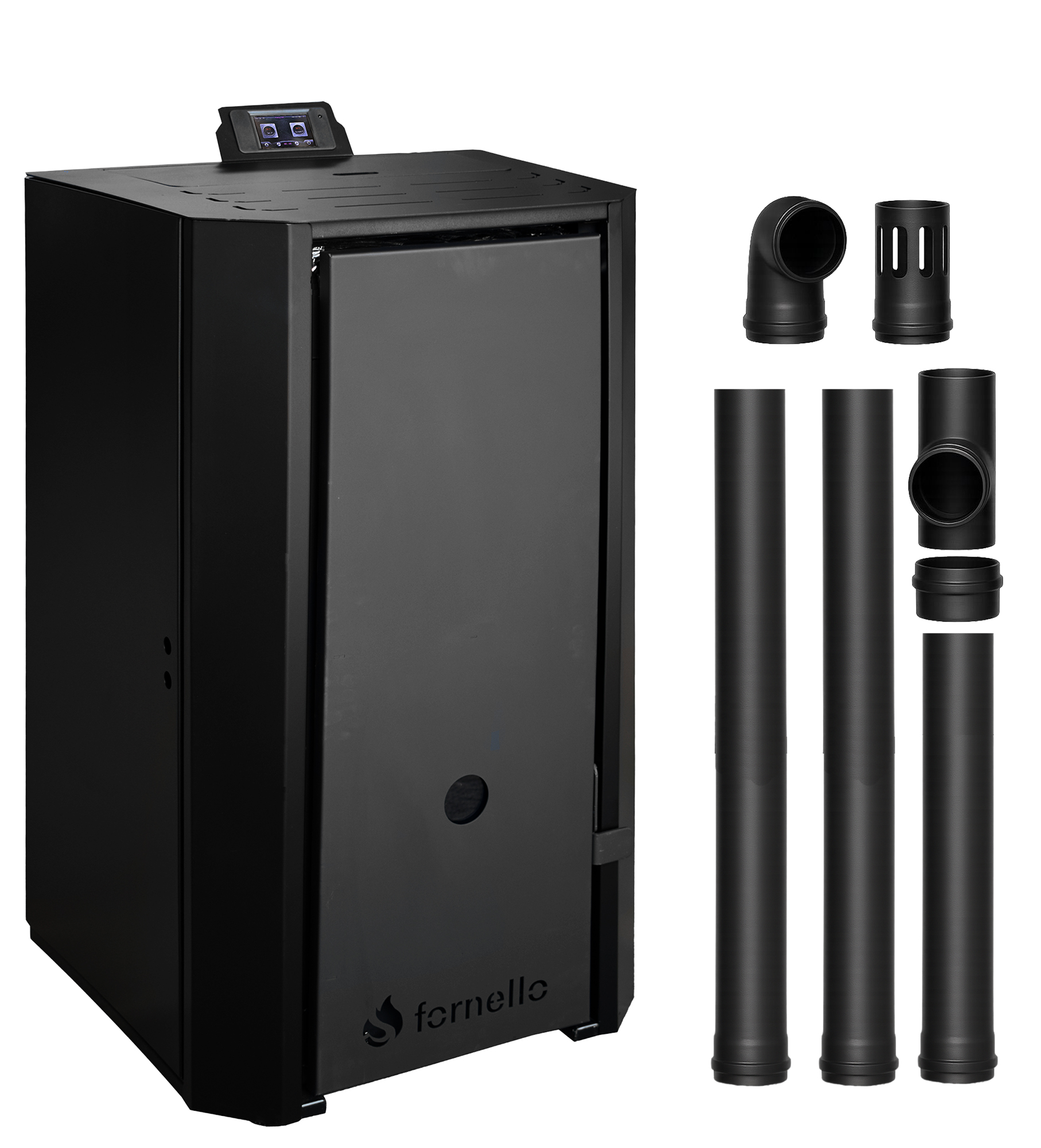 Pachet Centrala pe peleti Fornello EVA B Black 30 KW, pompa circulatie, vas expansiune, Grup siguranta, WI-FI, buncar, tiraj fortat, kit evacuare 2.5 ml, Clasa A++, recomandat pentru 200 mp, Negru