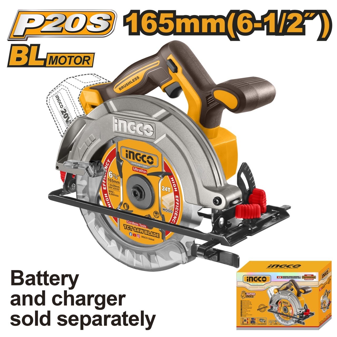 Fierastrău Circular Brushless 20V 165mm INGCO CSLI1652